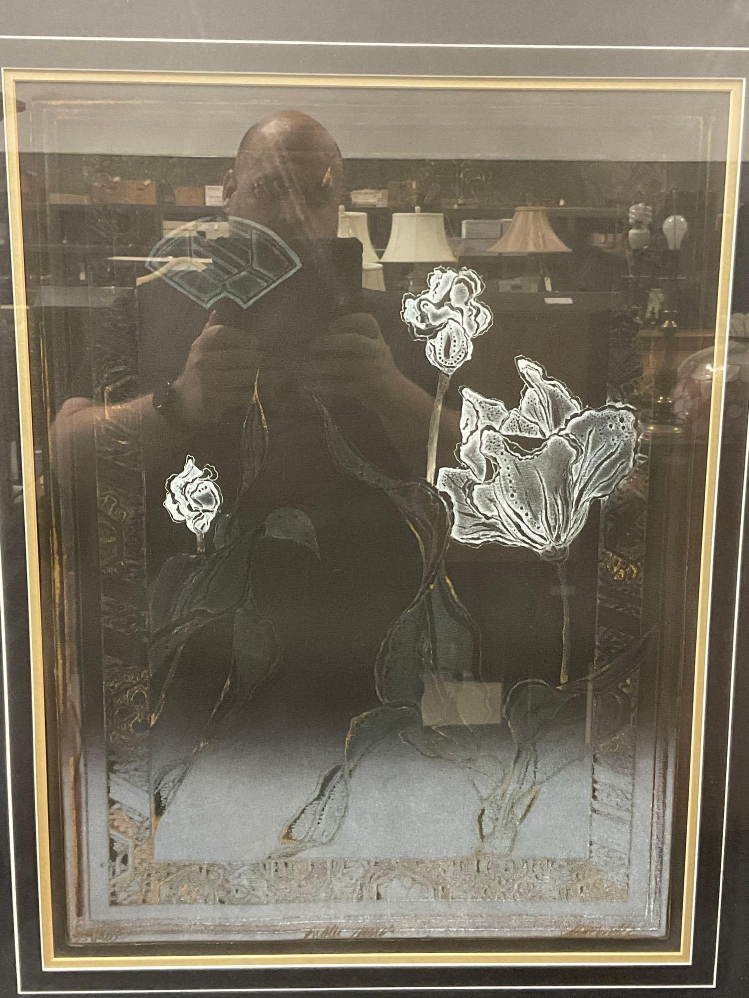 Framed Floral Lithograph Intaglio, by Karen Chamberlain, 33x25 inches: Similar to the last piece. Looks to be signed and possibly numbered near the bottom, very hard to read. Appears to be in good shape. The piece measures approx 33h x 25w x 3d inches. See pics. E-6080