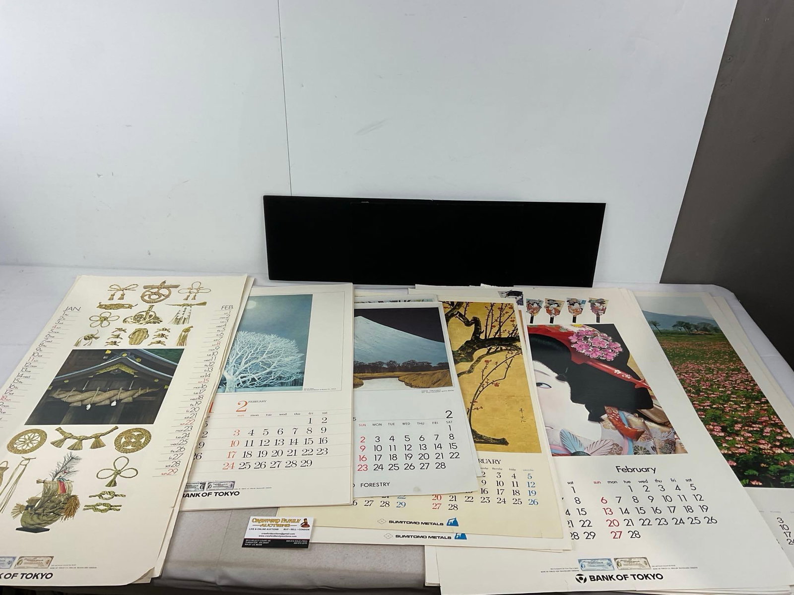 Set of 6 Japanese Artwork on Calendar Pages, missing approx 2 pages, Bank of Tokyo & more, 32x20 in (1 of 8)