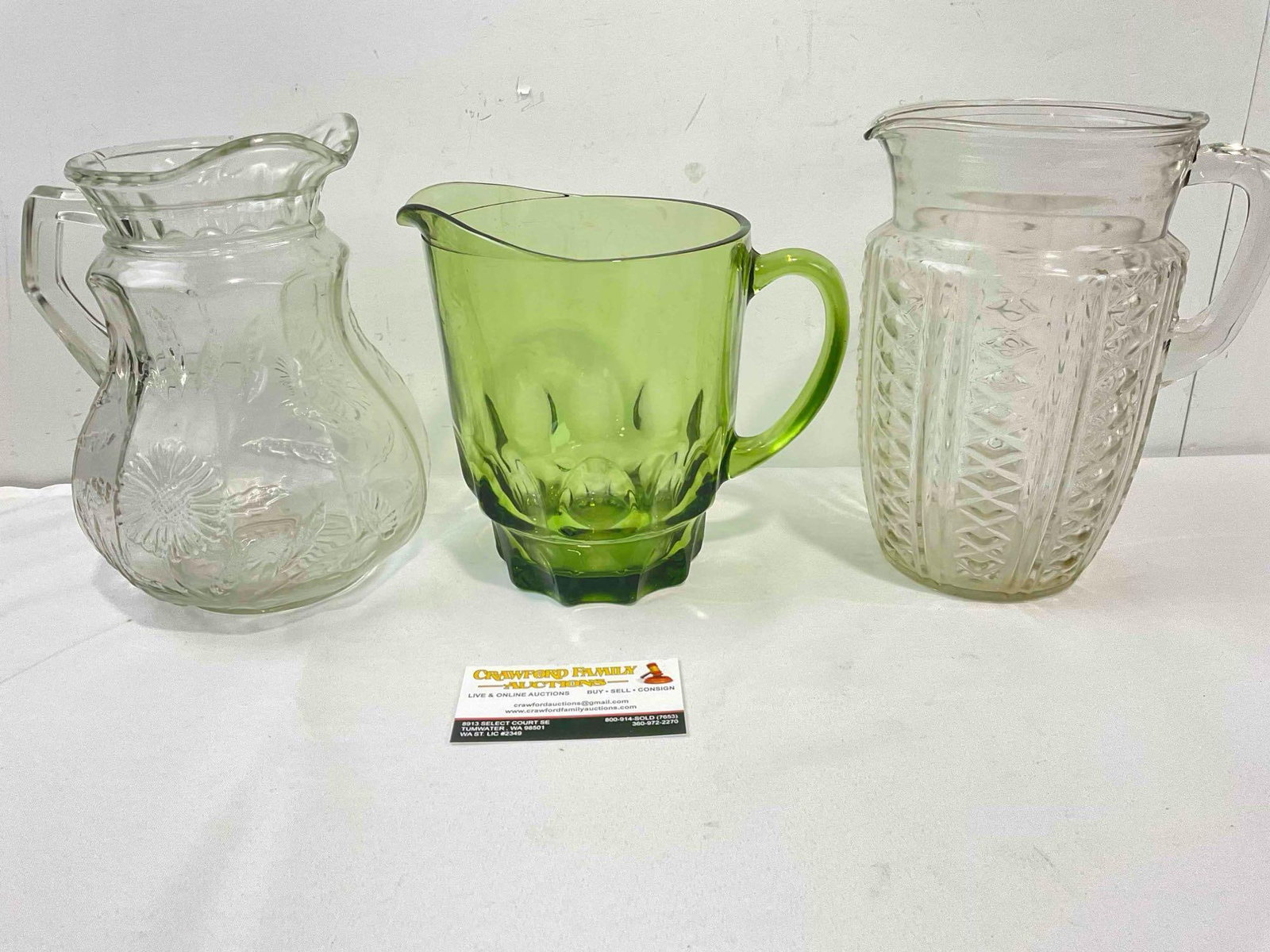 3 pcs Vintage Glass Pitchers, incl. 2x Embossed Clear & 1x Green. Fair Condition. See pics. (1 of 7)