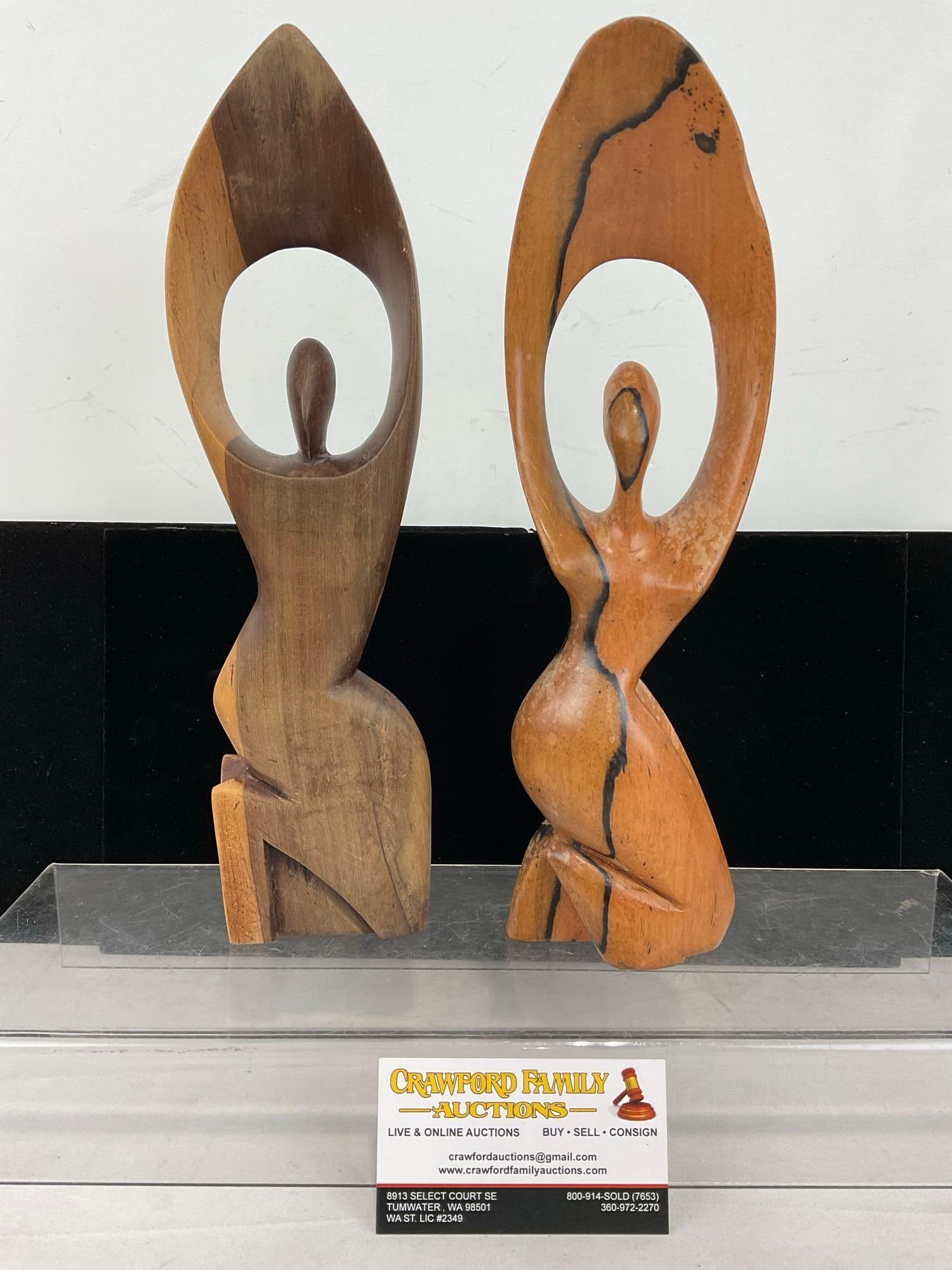 Pair of Shout for Joy Wooden Figures, possibly African hardwood, 13 inches tall: Appears to be in good shape. The piece measures approx 13h x 5w x 5d inches. See pics. E-6080