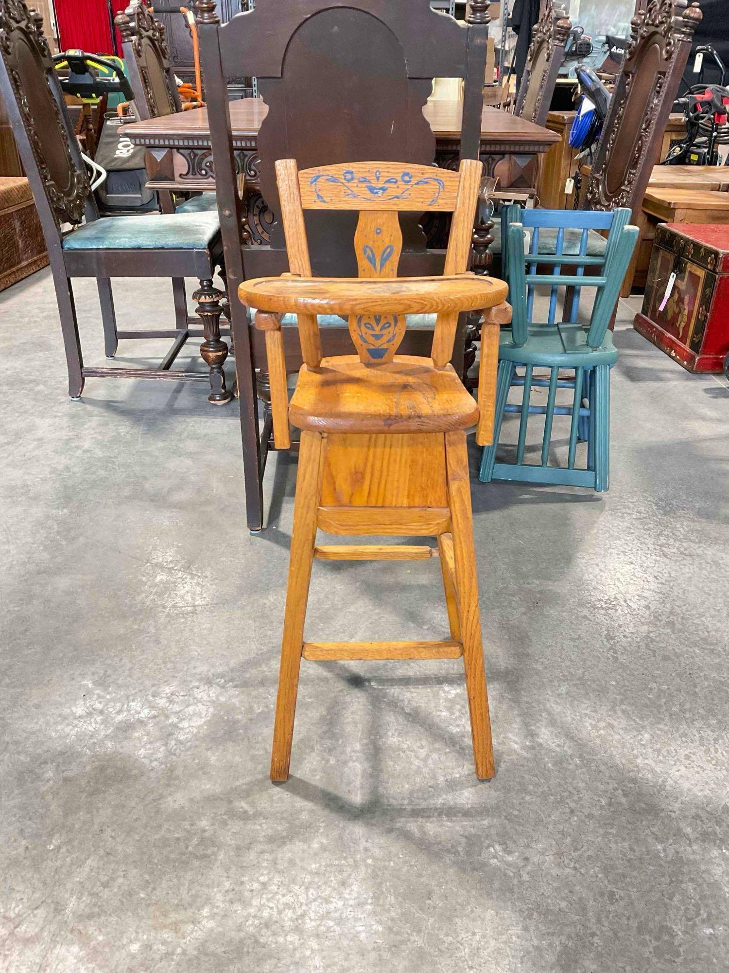 Vintage Cass Toys Oak Wood Child's Toy Doll High Chair w/ Blue Painted Details. Fair Condition.: Vintage Cass Toys Oak Wood Child's Toy Doll High Chair w/ Blue Painted Details. Fair Condition. Peg is partially stuck in tray, piece has wear indicative of age and use, otherwise looks to be in fair 