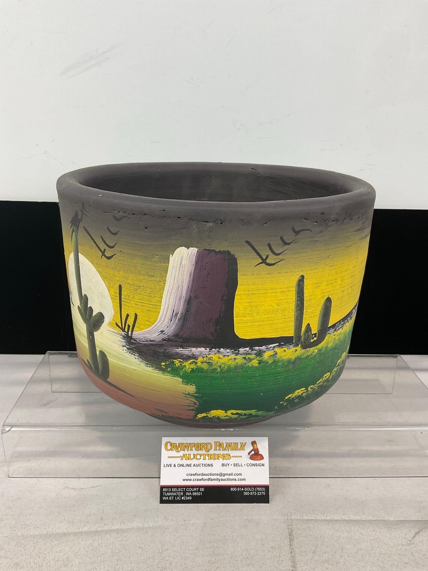 Vintage Handpainted Mexican Mesa Sunset Planter, unglazed Terra Cotta, Mexico on bottom, 9x11x11 in: Appears to be in good shape. The piece measures approx 9h x 11w x 11d inches. See pics. E-6240