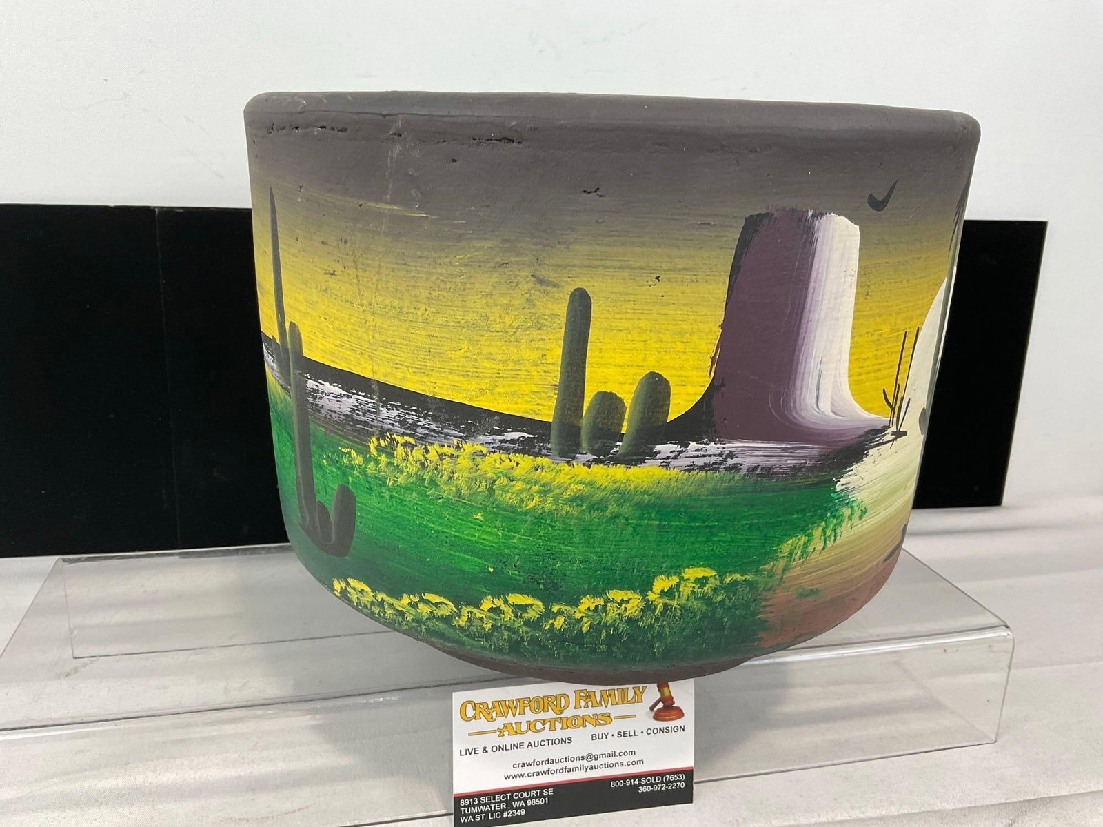 Vintage Handpainted Mexican Mesa Sunset Planter, unglazed Terra Cotta, Mexico on bottom, 9x11x11 in - 2