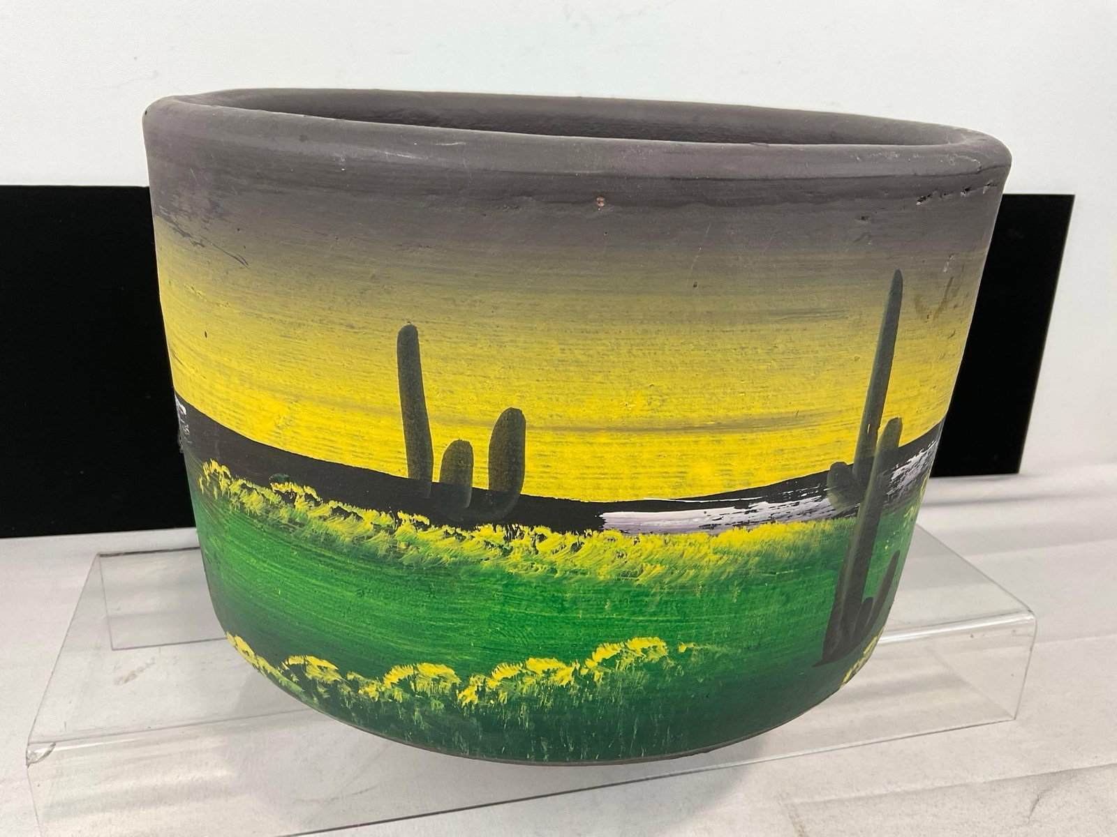 Vintage Handpainted Mexican Mesa Sunset Planter, unglazed Terra Cotta, Mexico on bottom, 9x11x11 in - 3