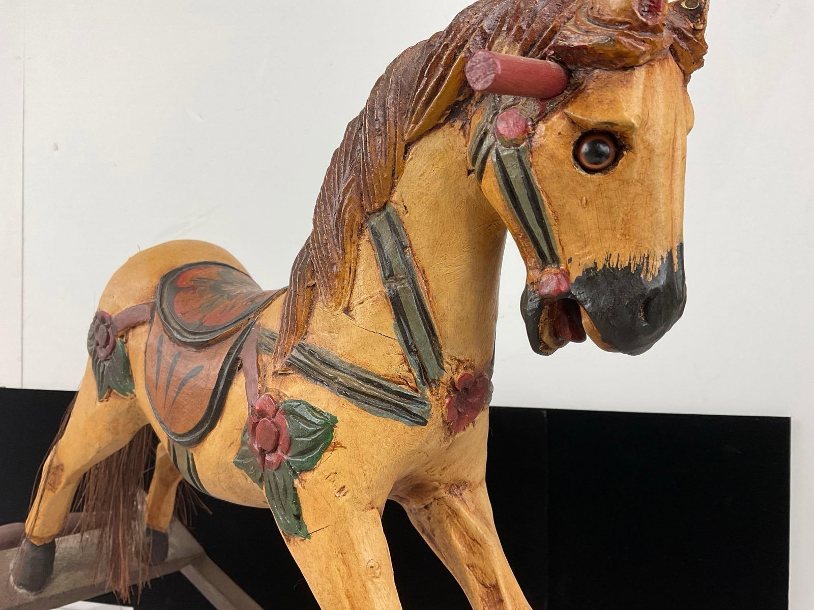 Vintage Handcarved & Handpainted Wooden Folk Art Rocking Horse, Yellow w/brown hair - 2