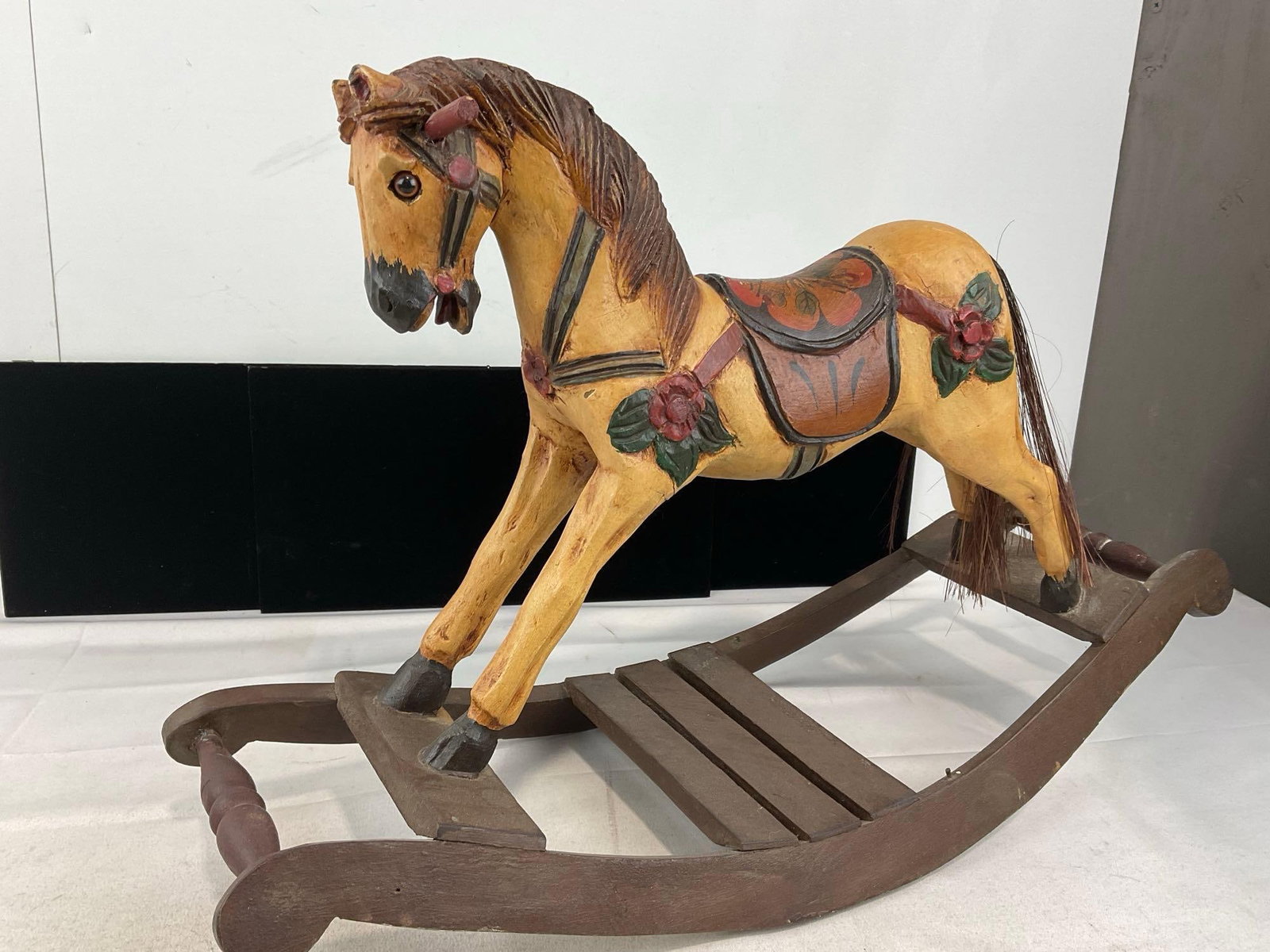 Vintage Handcarved & Handpainted Wooden Folk Art Rocking Horse, Yellow w/brown hair - 4