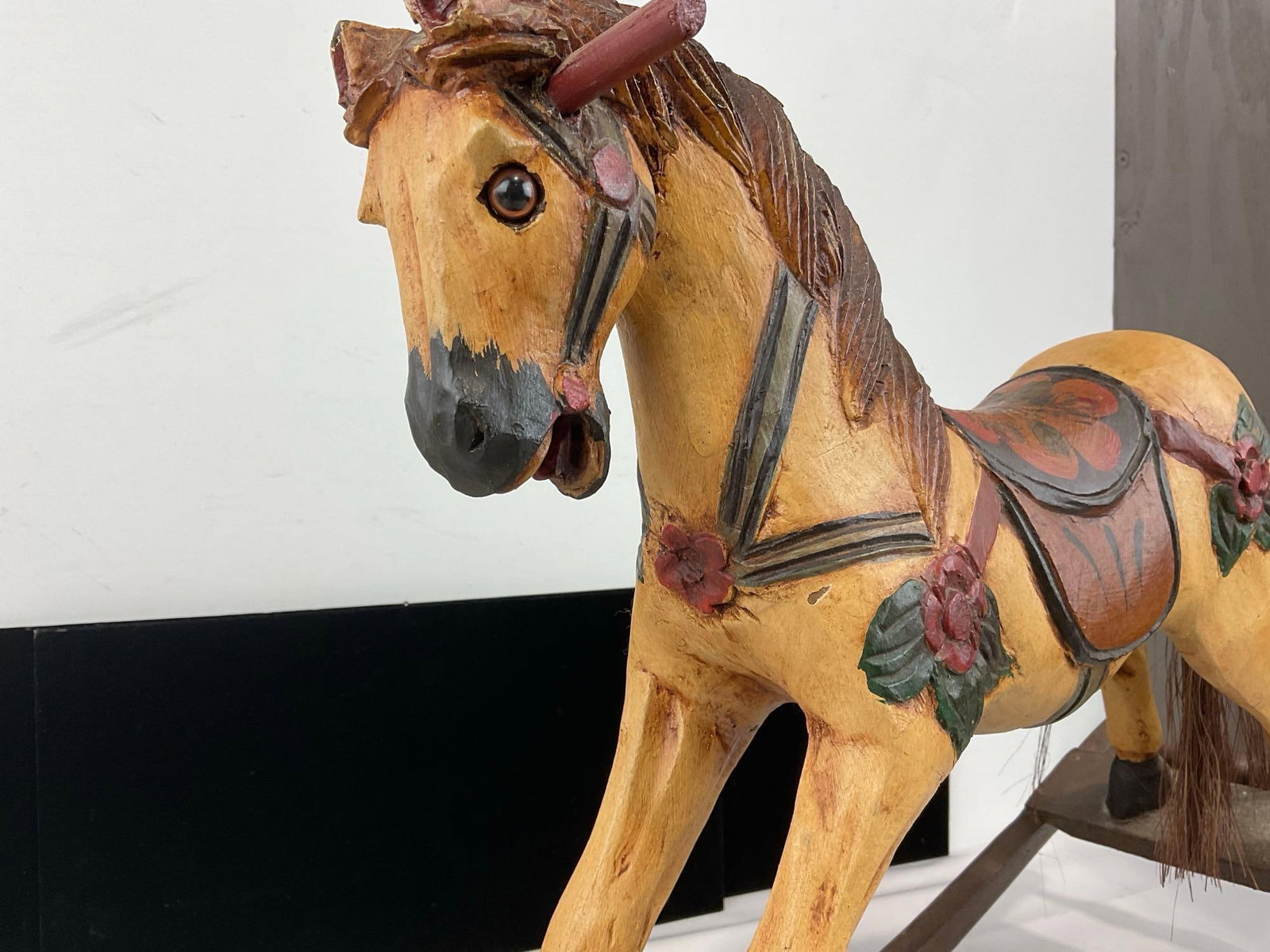 Vintage Handcarved & Handpainted Wooden Folk Art Rocking Horse, Yellow w/brown hair - 5