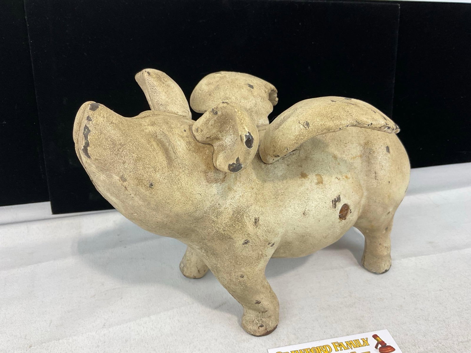 White Painted Cast Iron When Pigs Fly Piggy Bank, likely repro, 8h x 11w x 6d inches - 2