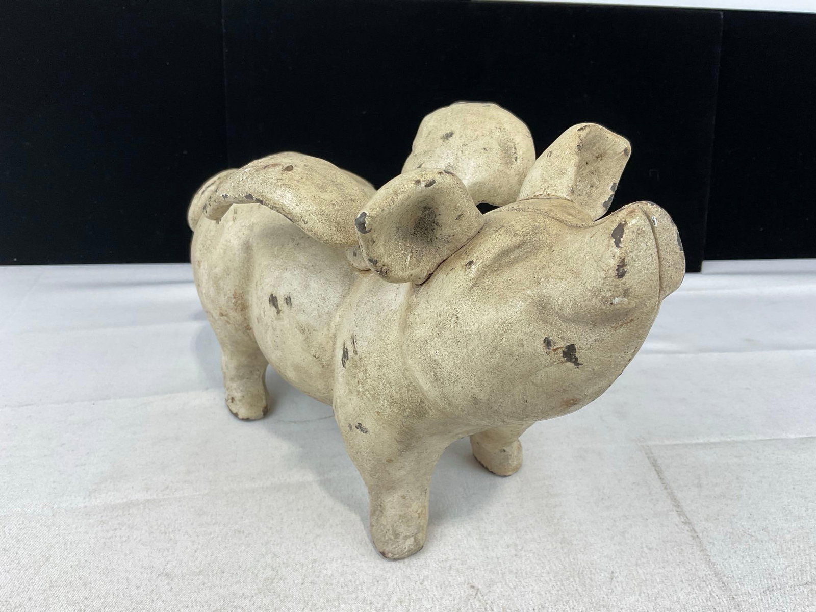 White Painted Cast Iron When Pigs Fly Piggy Bank, likely repro, 8h x 11w x 6d inches - 3