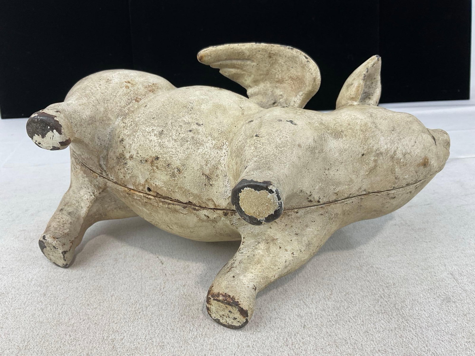 White Painted Cast Iron When Pigs Fly Piggy Bank, likely repro, 8h x 11w x 6d inches - 4