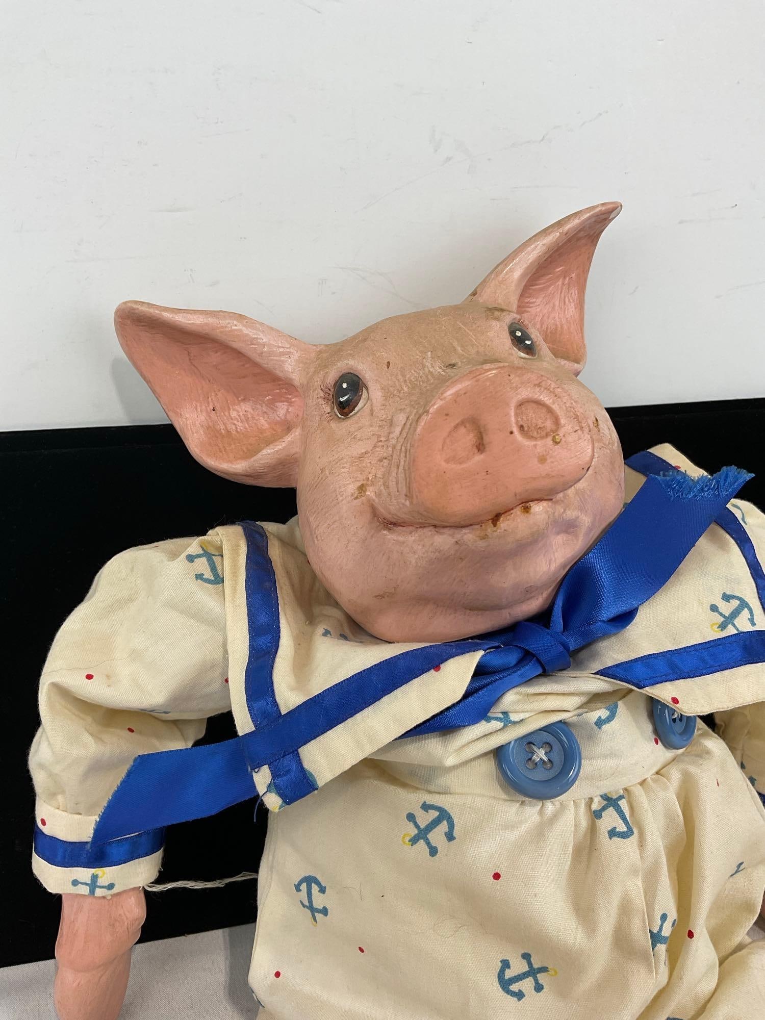 Vintage Pig Doll w/Baby Nautical Outfit, Porcelain Head & Hooves, 20 inches long - 2