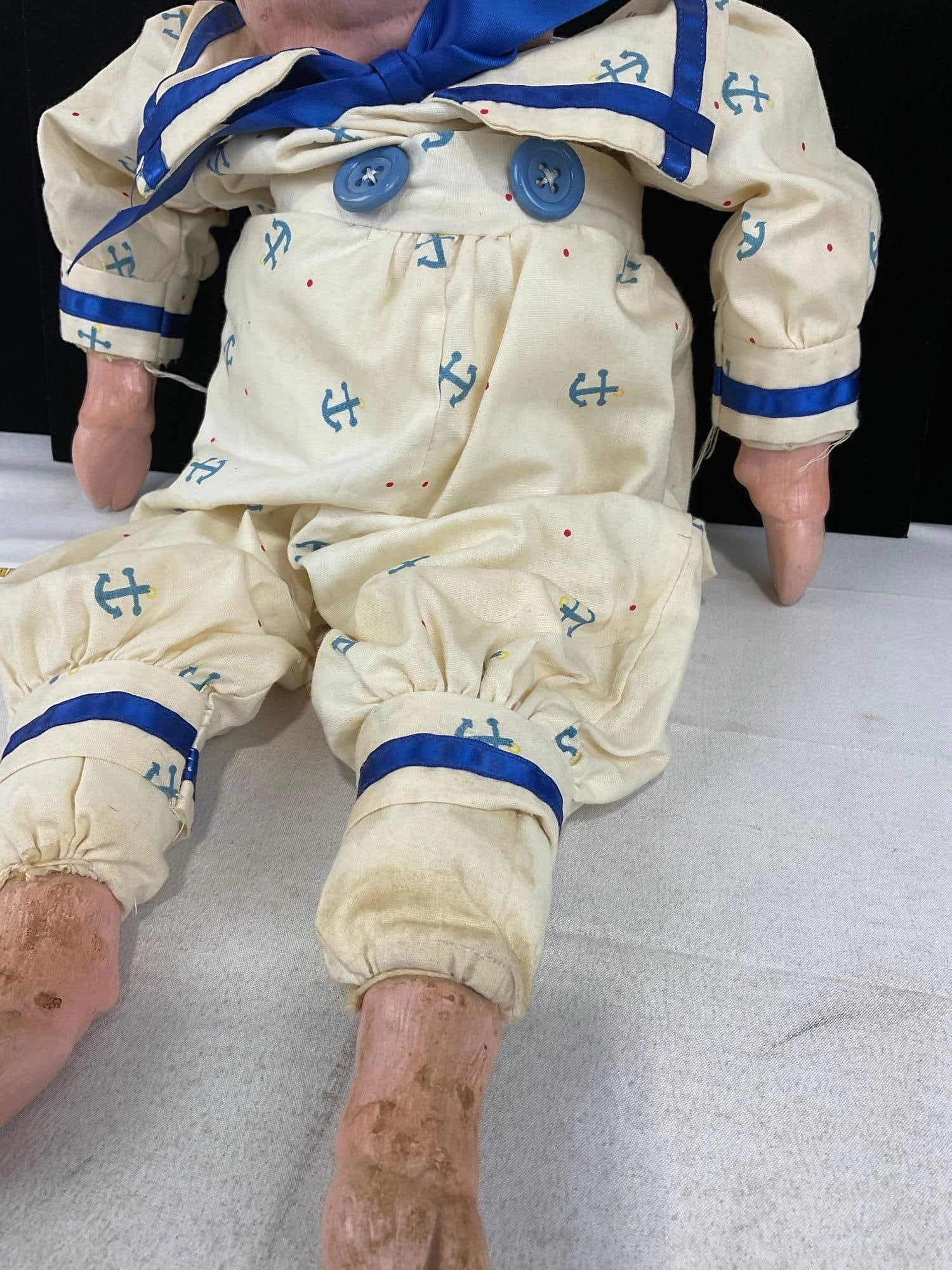 Vintage Pig Doll w/Baby Nautical Outfit, Porcelain Head & Hooves, 20 inches long - 3