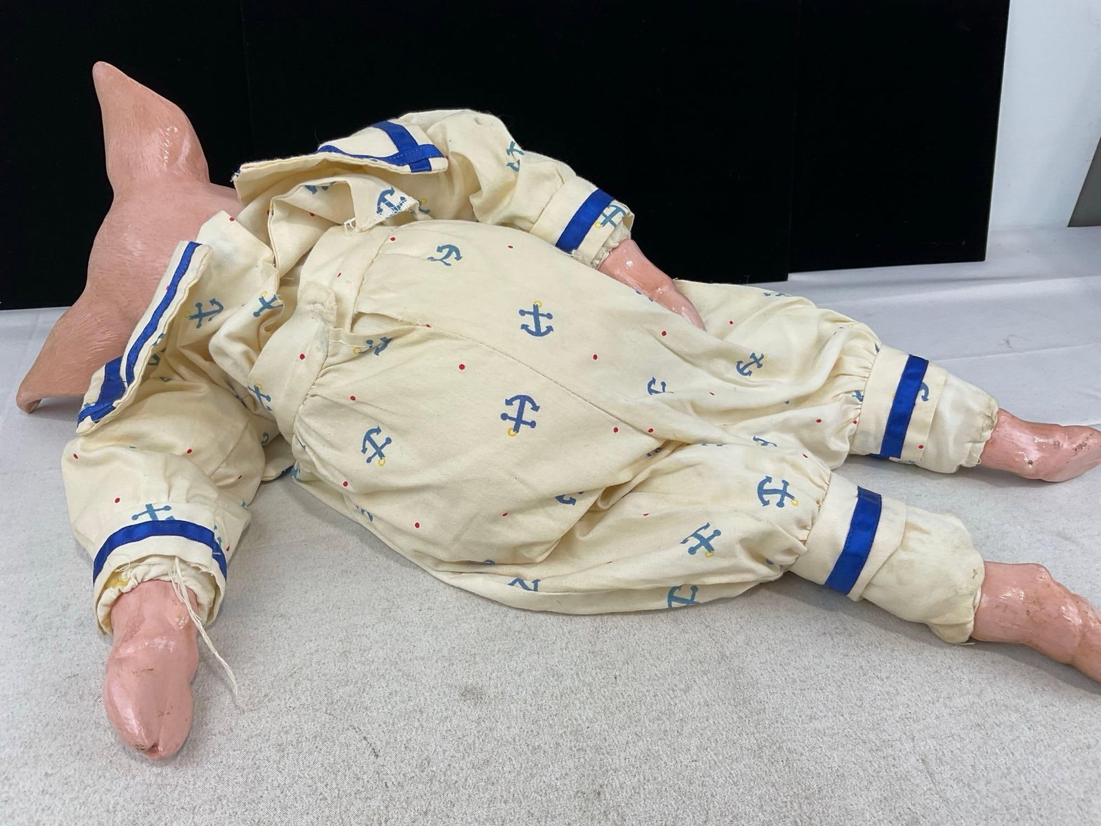 Vintage Pig Doll w/Baby Nautical Outfit, Porcelain Head & Hooves, 20 inches long - 4