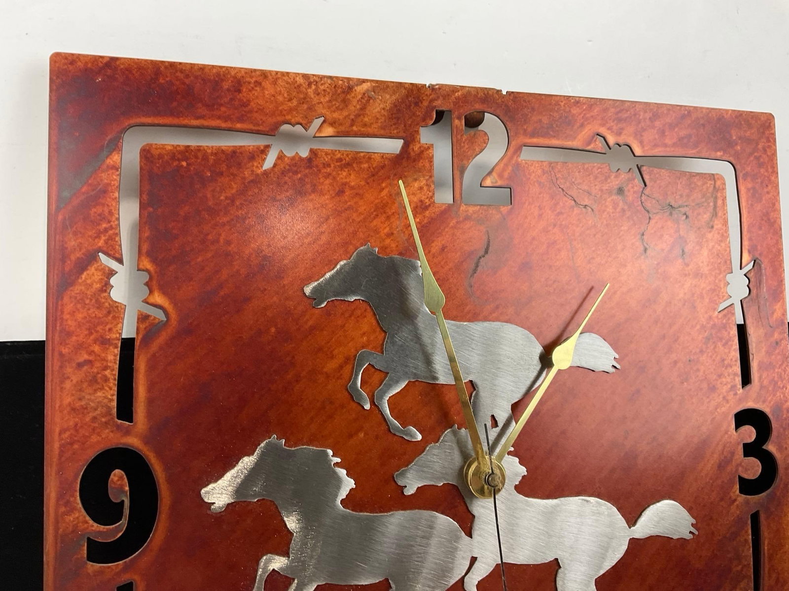 Copper Western Clock w/Cut Out Horses, & Barbed Wire, 13x13 inches - 2