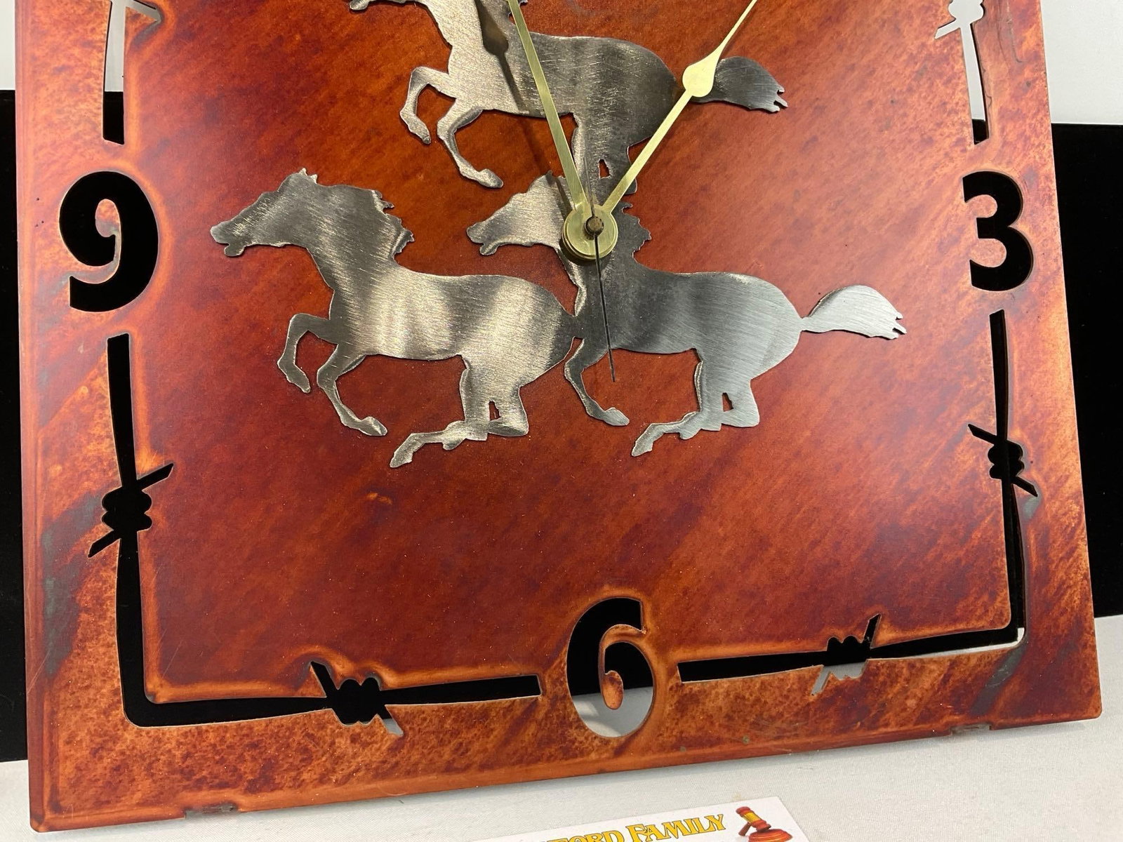 Copper Western Clock w/Cut Out Horses, & Barbed Wire, 13x13 inches - 3