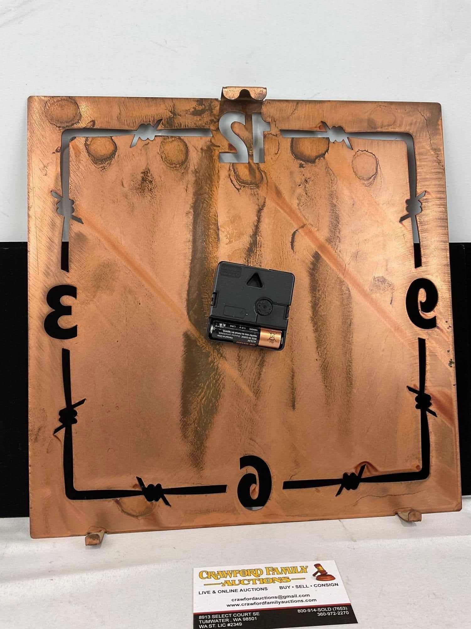 Copper Western Clock w/Cut Out Horses, & Barbed Wire, 13x13 inches - 4