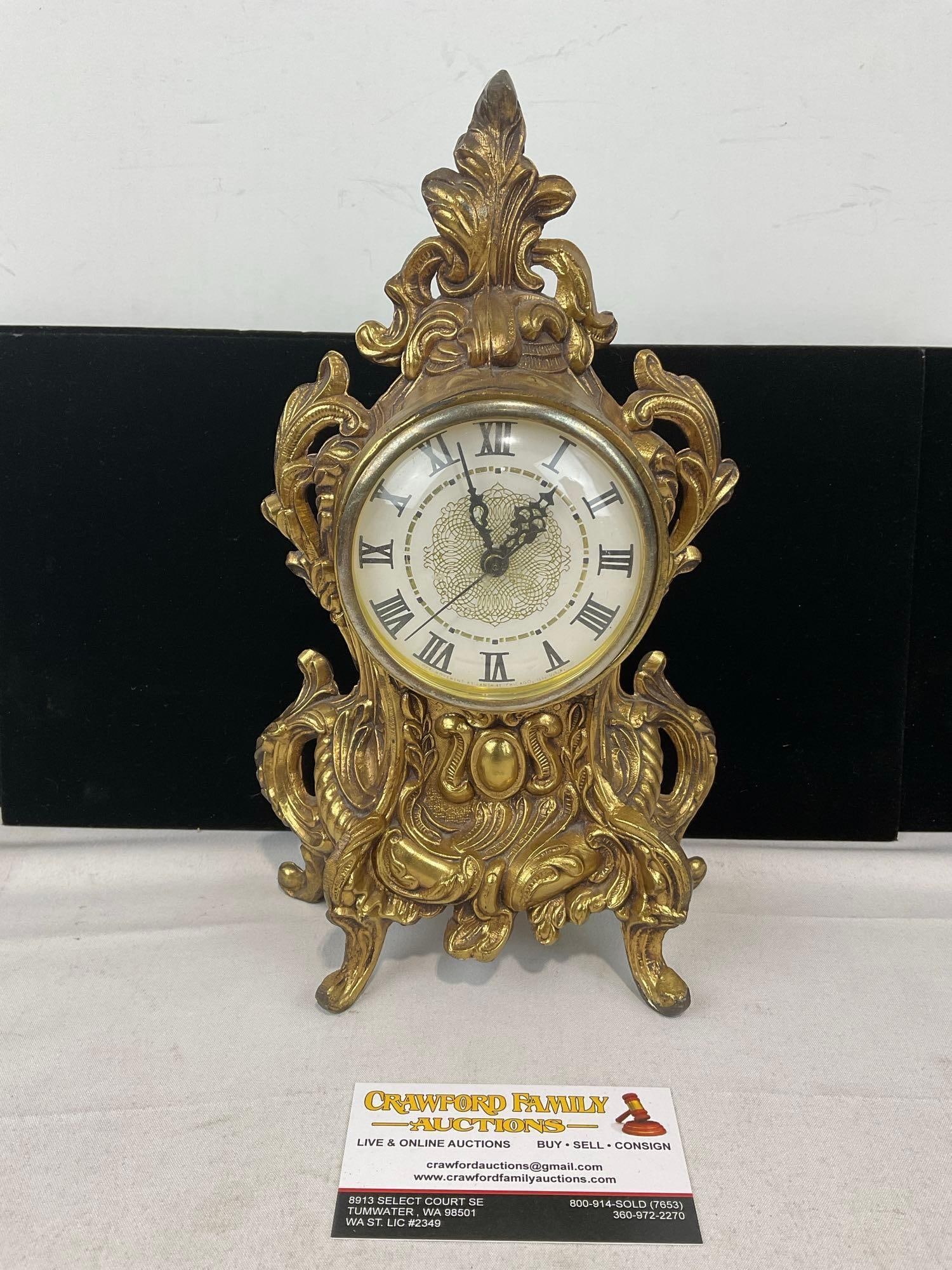 Vintage 1950s Cast Brass Lanshire Electric Mantel Clock, 11x7x4 inches: Appears to be in good shape, no base plate. The piece measures approx 11h x 7w x 4d inches. See pics. E-6240