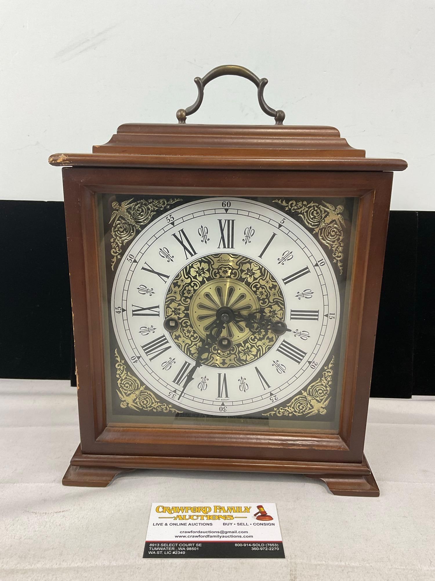 Vintage West German Linden Mantel Clock, Time Strike Chime,12x10x7 inches, wood case: Appears to be in good shape. The piece measures approx 12h x 10w x 7d inches. See pics. E-6240