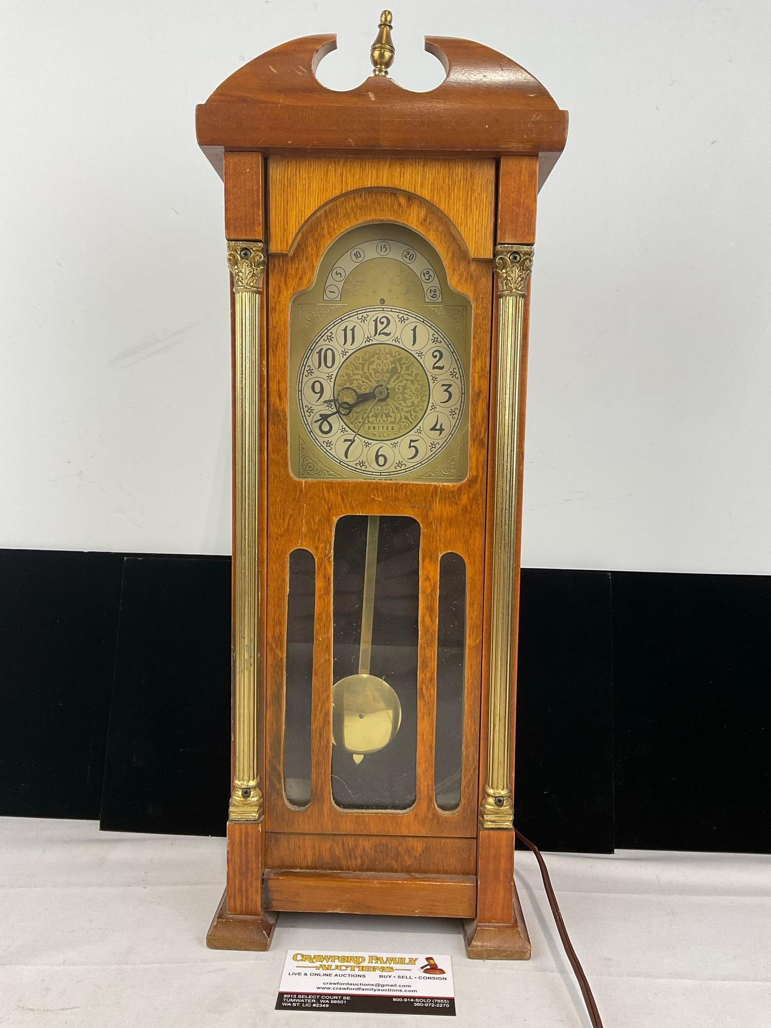 Vintage United Clock Corp. Model 444 Electric Mini Grandfather Clock, 20x8x6 inches: Appears to be in good shape. The piece measures approx 20h x 8w x 6d inches. See pics. E-6240
