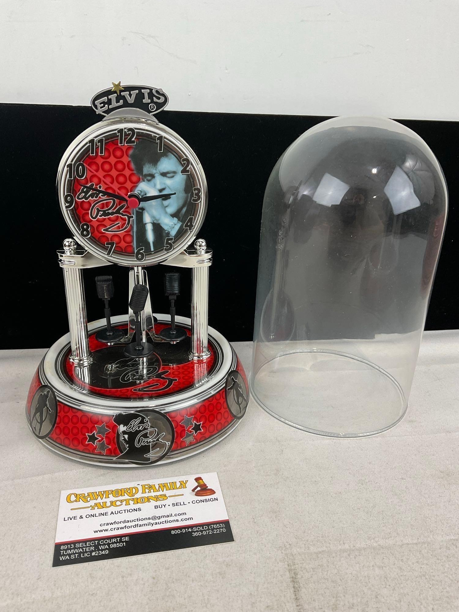 Elvis Presley Glass Dome Clock, Collectible Anniversary Clock, Red w/Black Rotating Microphones - 2