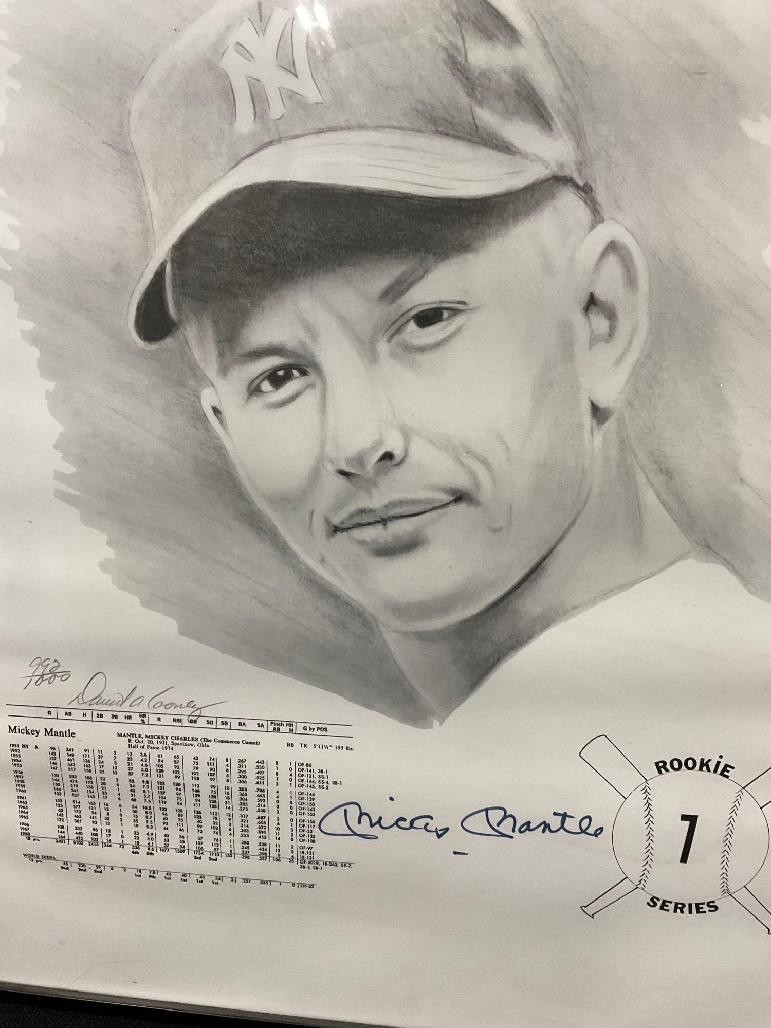 Framed Lithograph of Mickey Mantle w/Rookie Stats, Signed by Mantle, & Artist, #d 992/1000, w/COA - 2