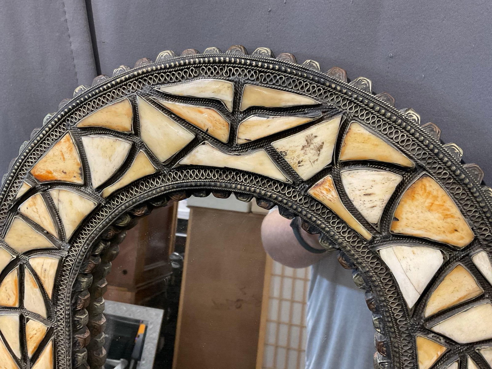 Framed Mirror w/Bone Inlay, Embossed Nodules, & Inlaid Brass design, 28x18 inches - 2