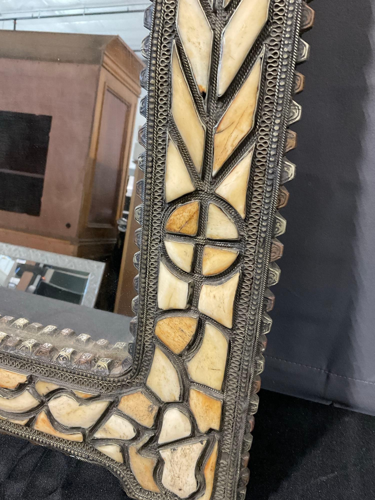 Framed Mirror w/Bone Inlay, Embossed Nodules, & Inlaid Brass design, 28x18 inches - 3