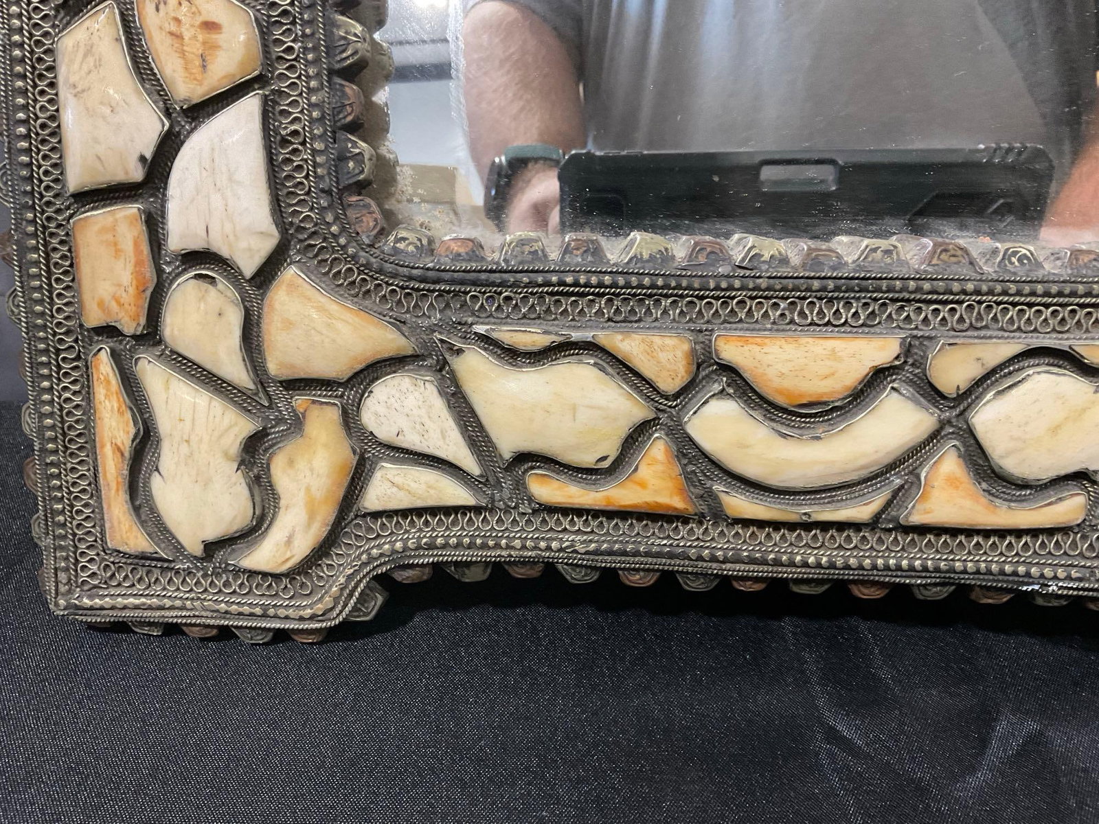 Framed Mirror w/Bone Inlay, Embossed Nodules, & Inlaid Brass design, 28x18 inches - 4