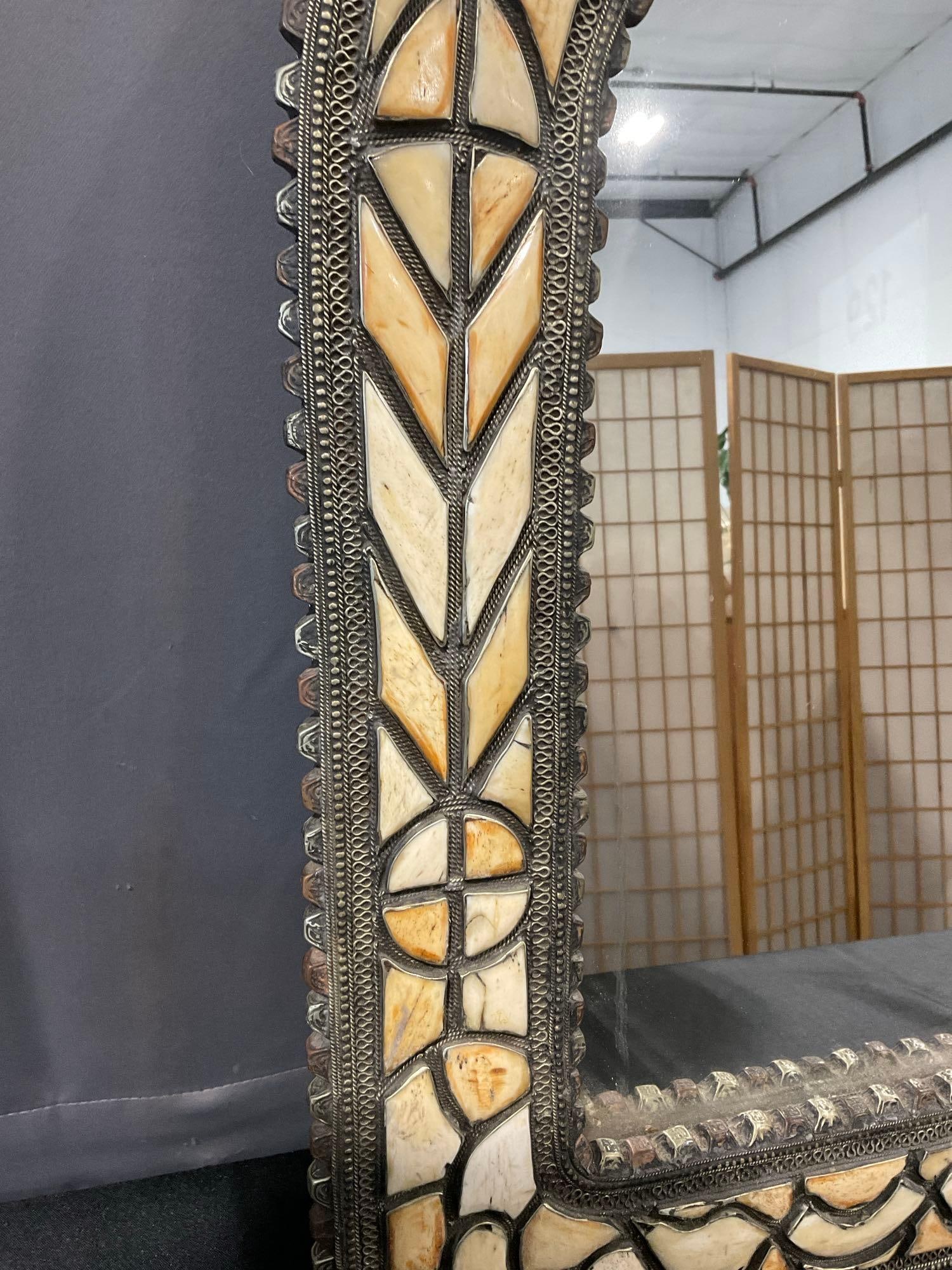 Framed Mirror w/Bone Inlay, Embossed Nodules, & Inlaid Brass design, 28x18 inches - 5
