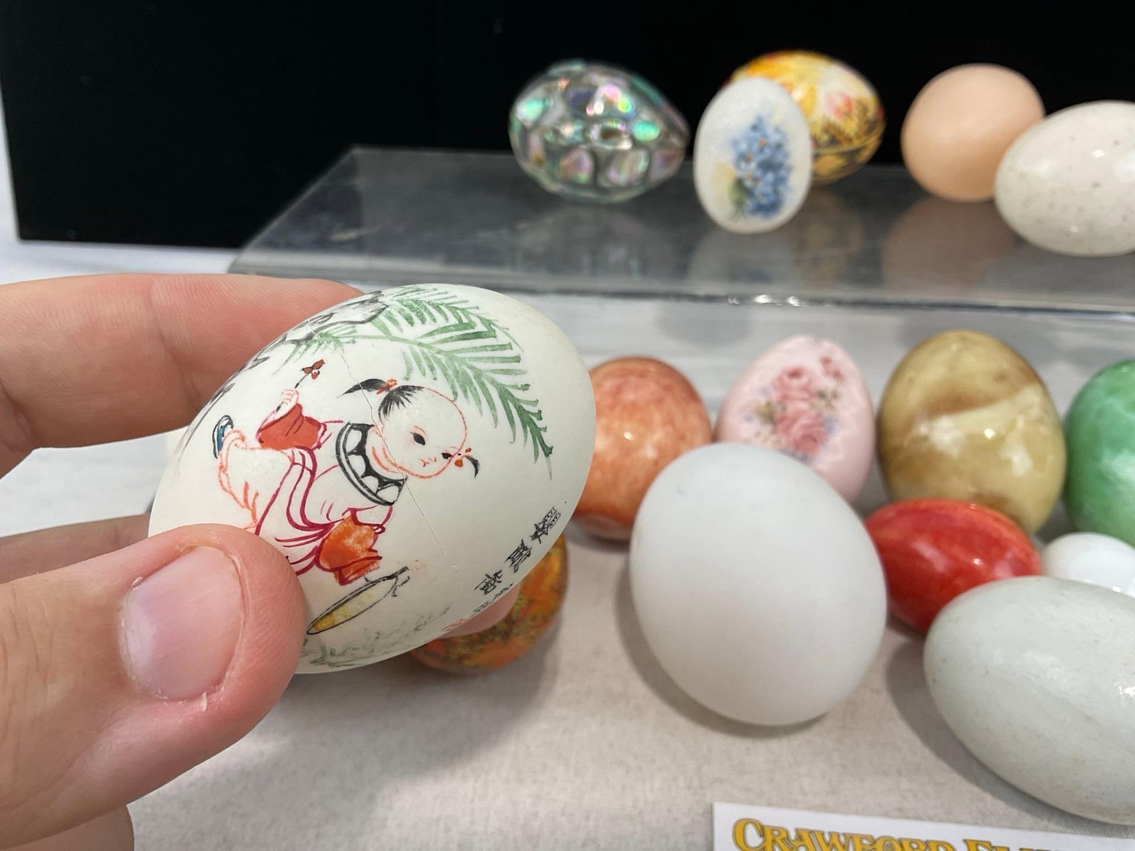 Set of 25 Egg Shaped Decor, Painted Egg Shells, Egg Carved Rocks, MOP, Blown Glass - 7