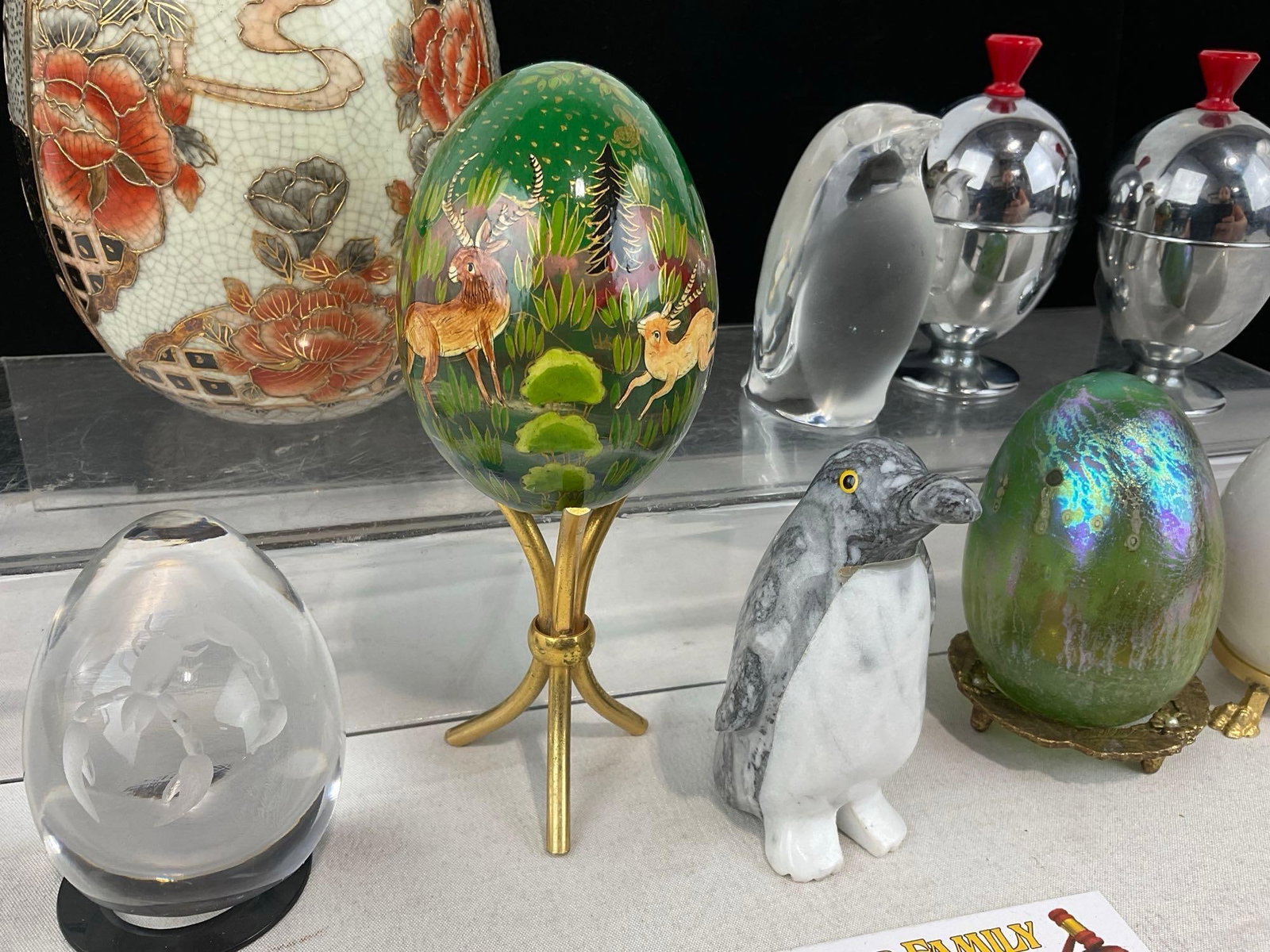 Pair of Penguins, & Eggs pieces, Enameled, Painted, Glass, & Carved Stone pieces - 3