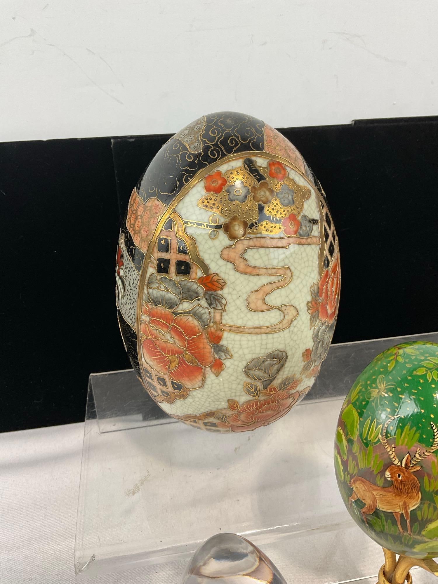 Pair of Penguins, & Eggs pieces, Enameled, Painted, Glass, & Carved Stone pieces - 4