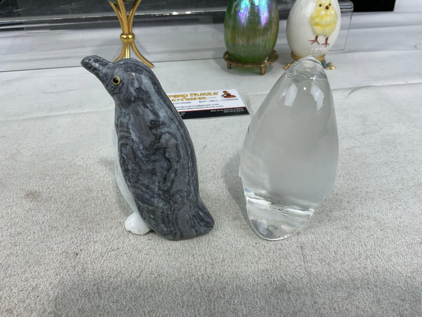 Pair of Penguins, & Eggs pieces, Enameled, Painted, Glass, & Carved Stone pieces - 6