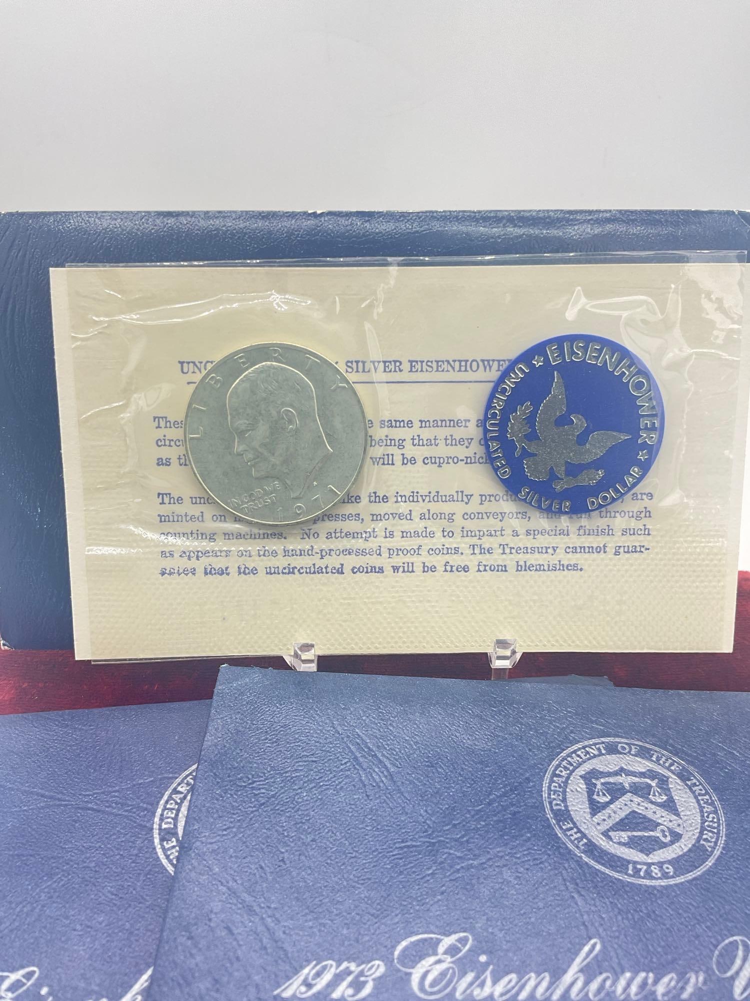 3x US MINT Eisenhower uncirculated 40 % silver dollar blue pack's 1971, 1972, 1973 All S mint marks - 2