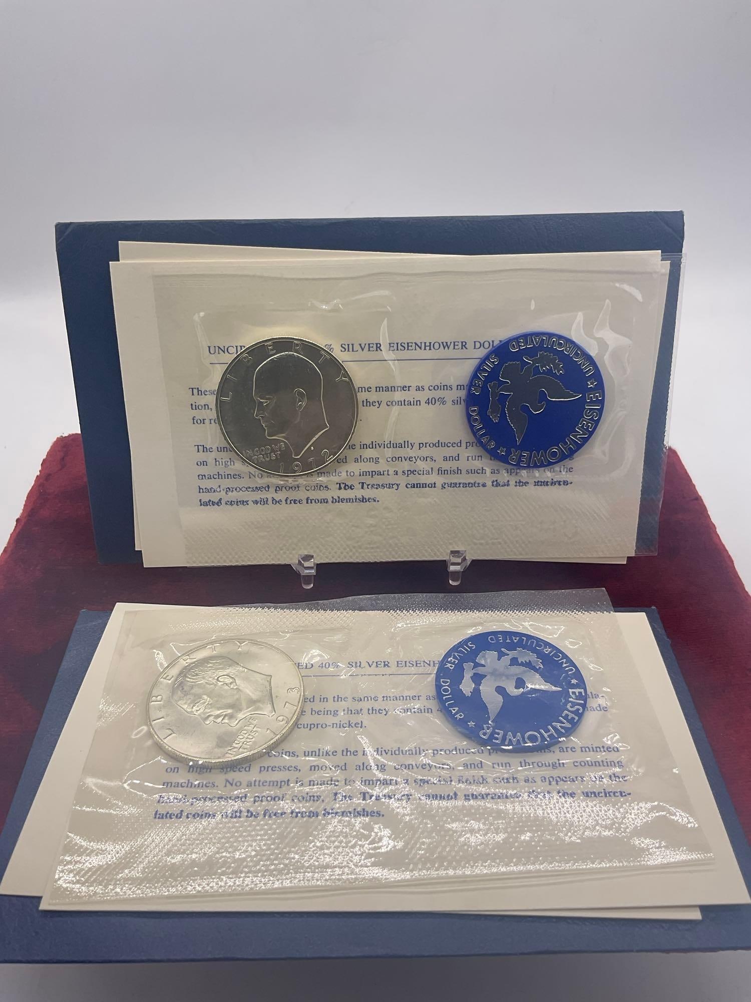 3x US MINT Eisenhower uncirculated 40 % silver dollar blue pack's 1971, 1972, 1973 All S mint marks - 3