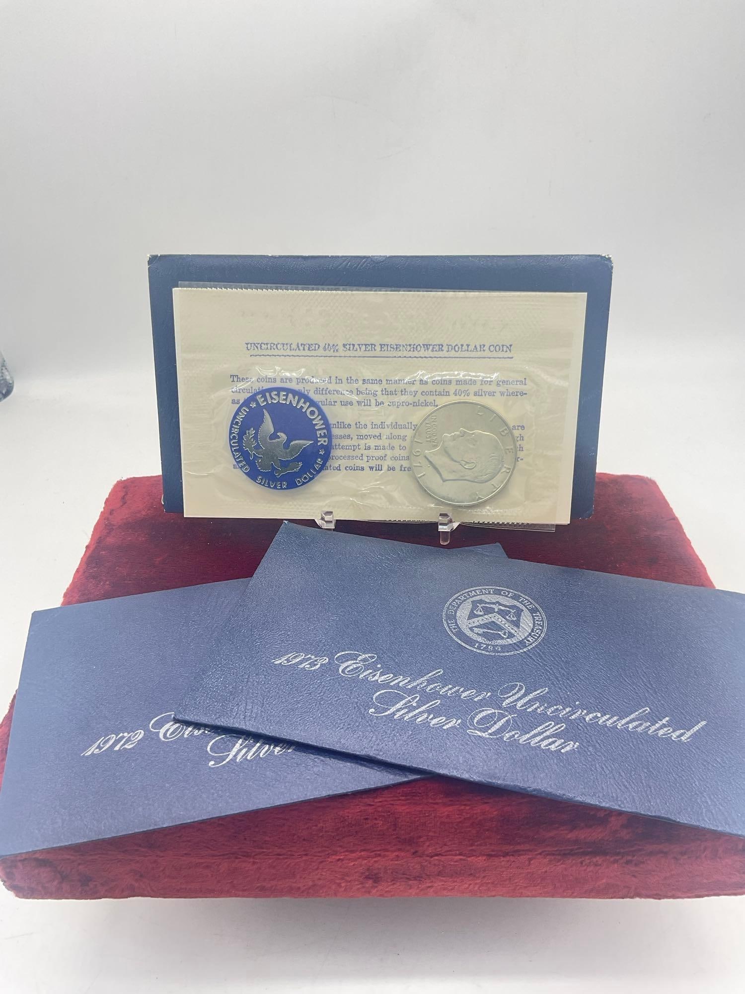 3x US MINT Eisenhower uncirculated 40 % silver dollar blue pack's 1971, 1972, 1973 All S mint marks: C-414