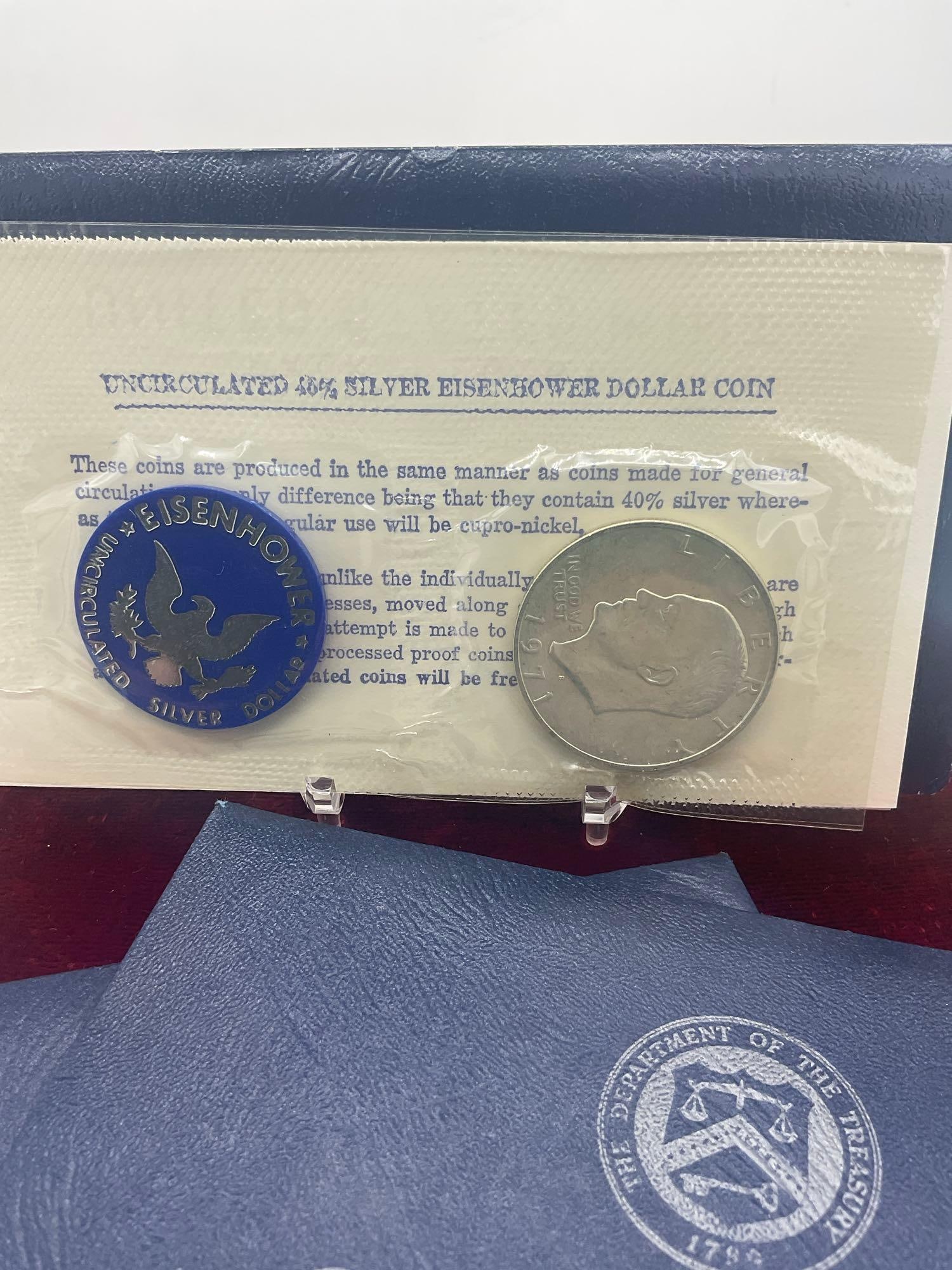 3x US MINT Eisenhower uncirculated 40 % silver dollar blue pack's 1971, 1972, 1973 All S mint marks - 2