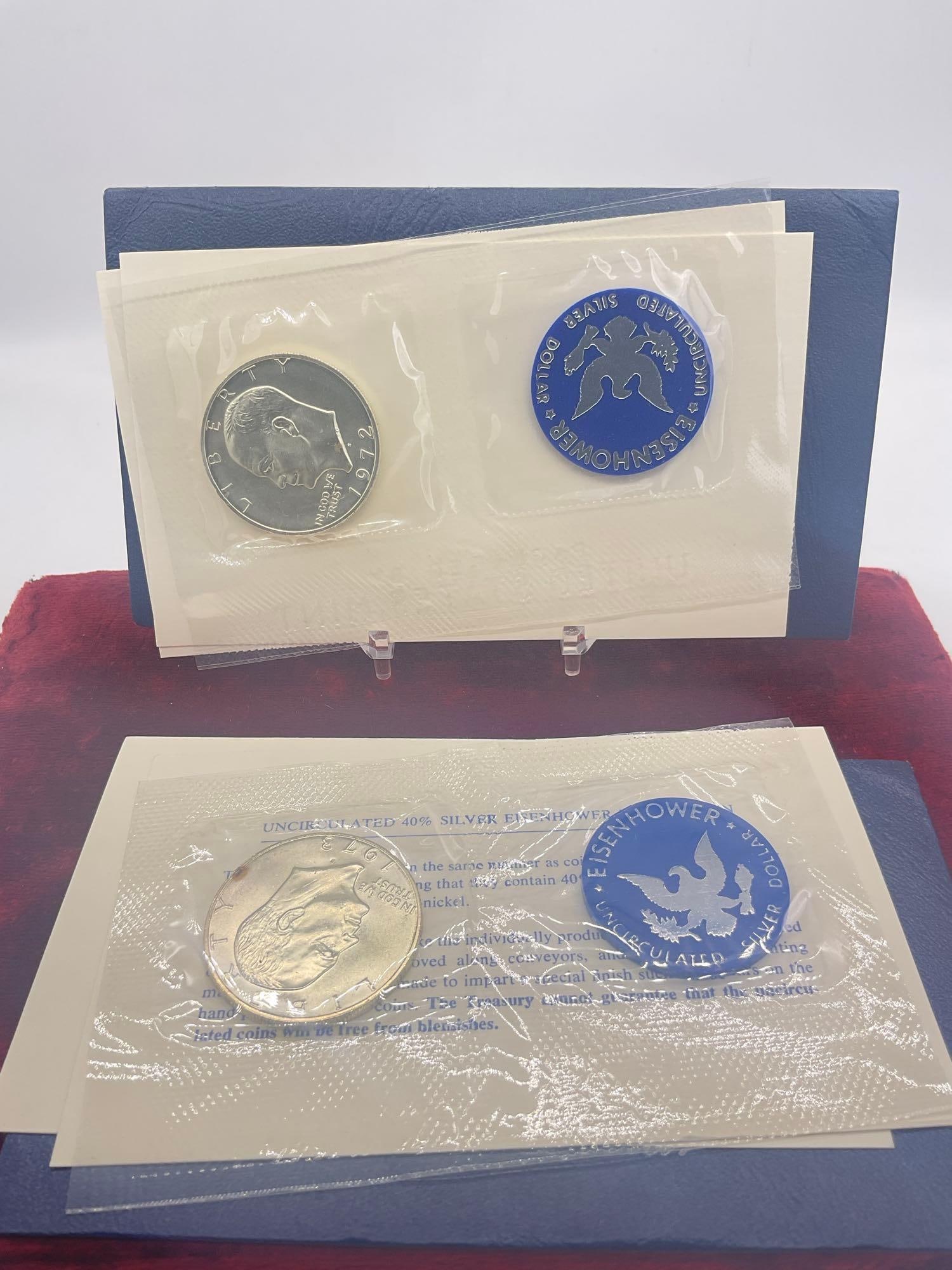 3x US MINT Eisenhower uncirculated 40 % silver dollar blue pack's 1971, 1972, 1973 All S mint marks - 3