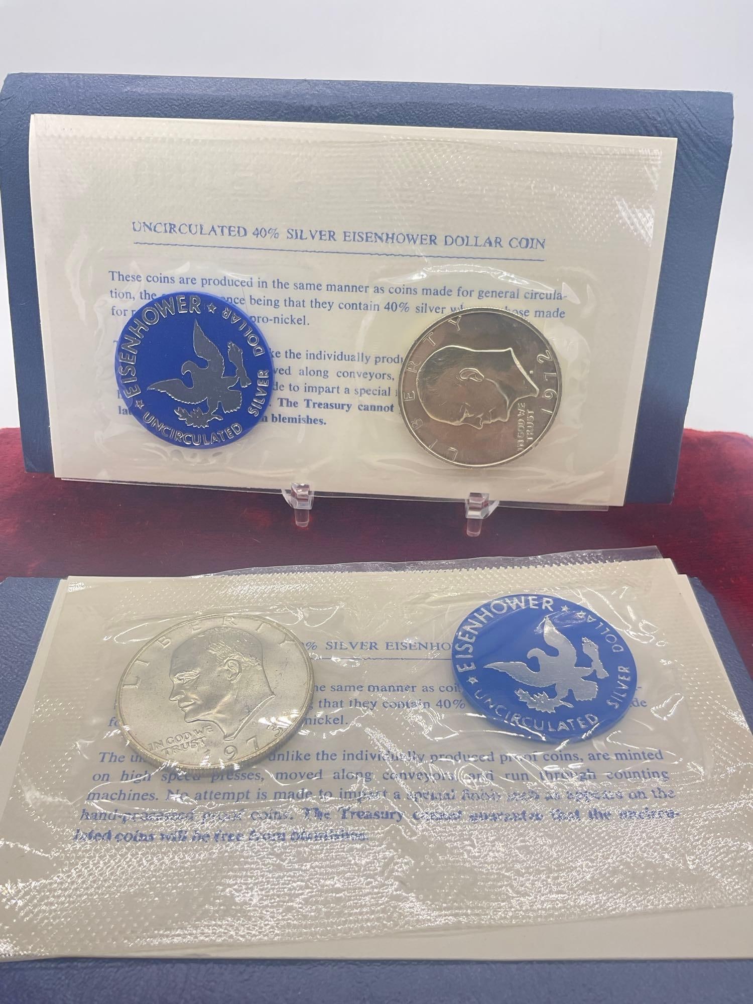 3x US MINT Eisenhower uncirculated 40 % silver dollar blue pack's 1971, 1972, 1973 All S mint marks - 2