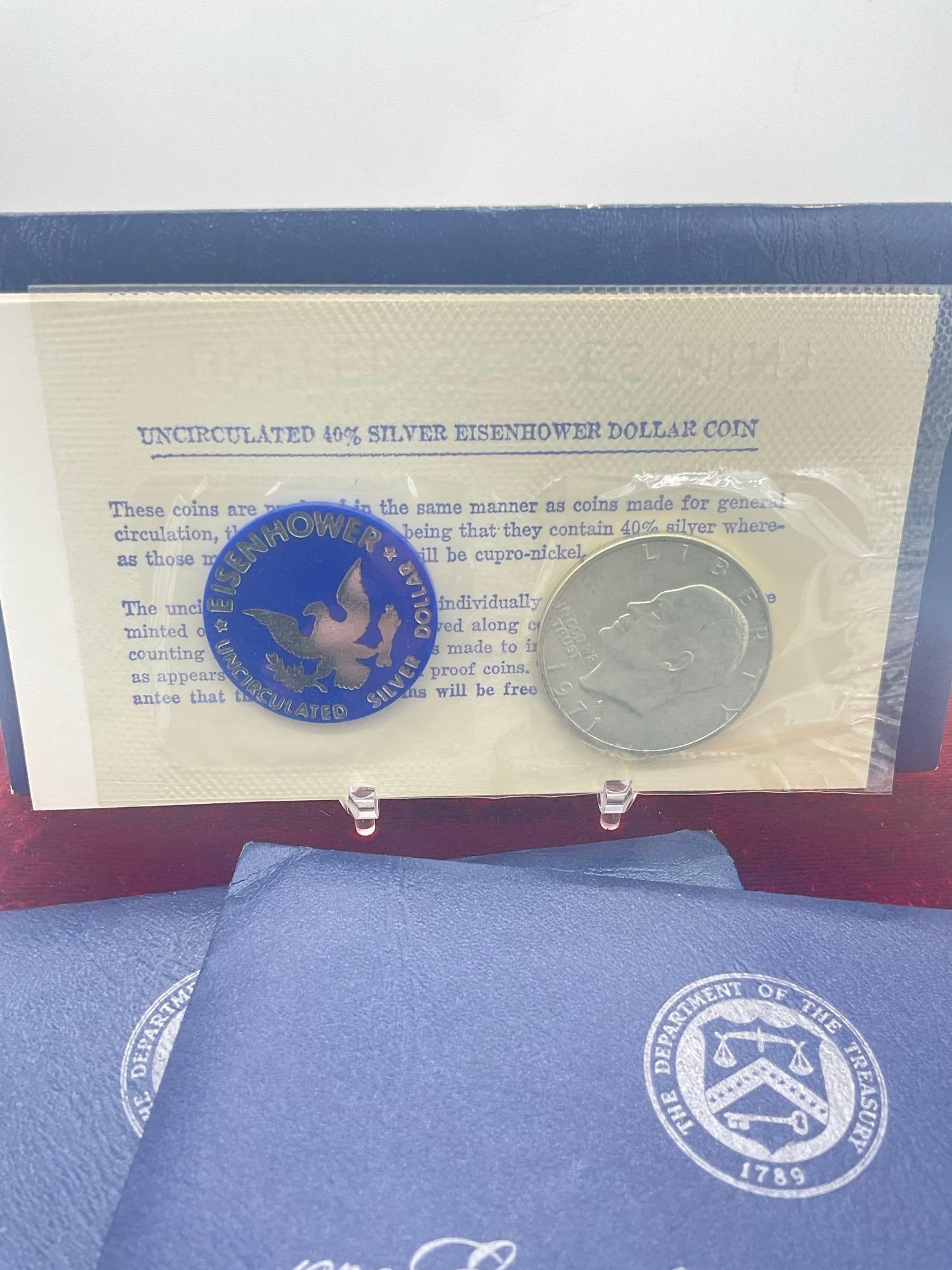 3x US MINT Eisenhower uncirculated 40 % silver dollar blue pack's 1971, 1972, 1973 All S mint marks - 2