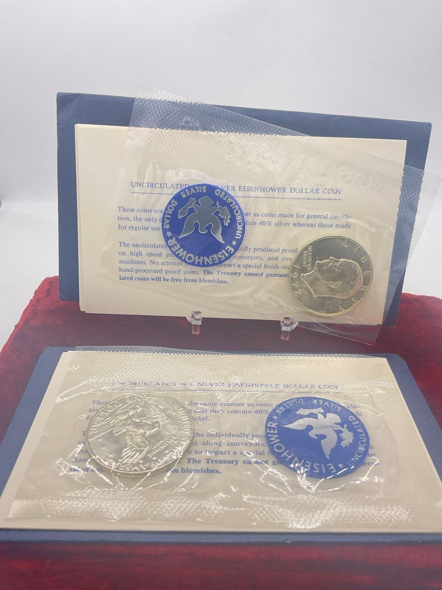 3x US MINT Eisenhower uncirculated 40 % silver dollar blue pack's 1971, 1972, 1973 All S mint marks - 3