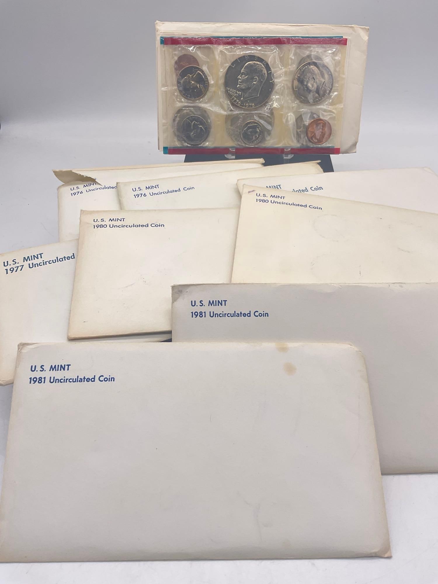9 X US mint P & D Uncirculated coins sets 1975, 2x 1976, 2x 1977, 2x 1980, 2x 1981 - 5