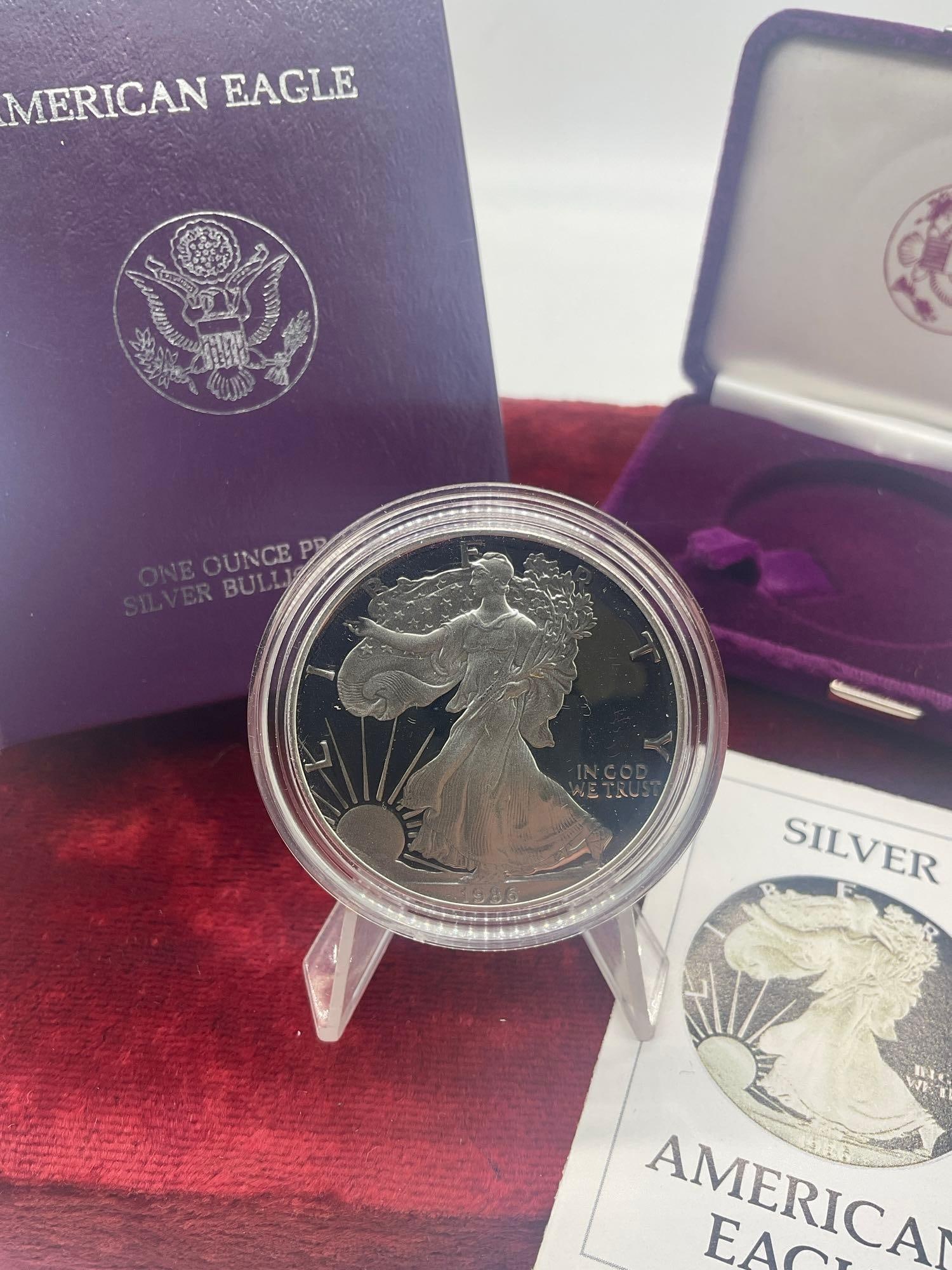 1986 Proof Silver American Eagle W/coa & OG Presentation box 1 OZ .999 silver - 2