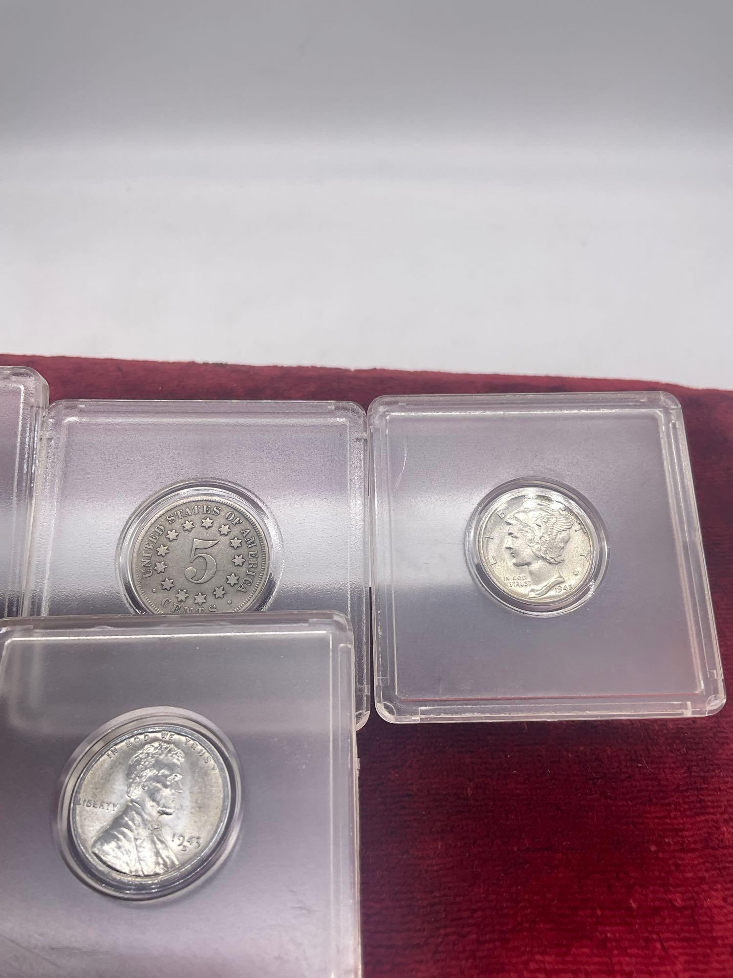 4x coins 2x Nickels, 1943 -D Boldly Doubled Mint mark Wheat penny, 1945 Silver MS Quality Dime - 3