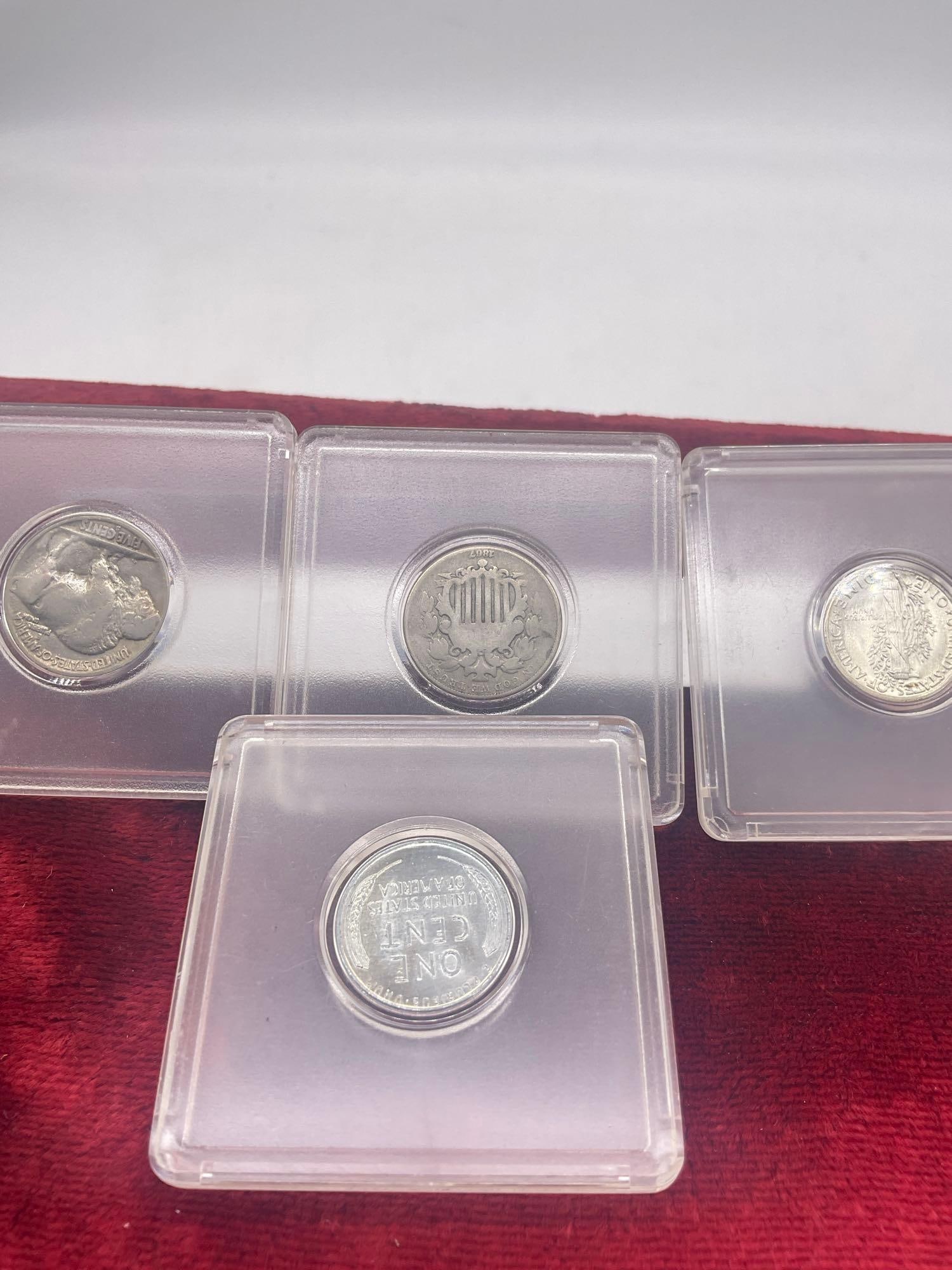 4x coins 2x Nickels, 1943 -D Boldly Doubled Mint mark Wheat penny, 1945 Silver MS Quality Dime - 4