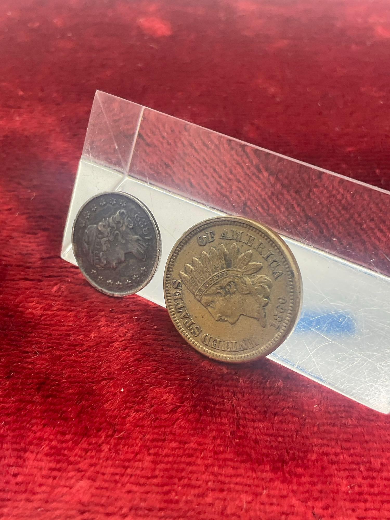 2 x rare Antique Coins Silver 1832 Half Dime Full Liberty & Shield, 1860 Indian head penny POSS MS - 3