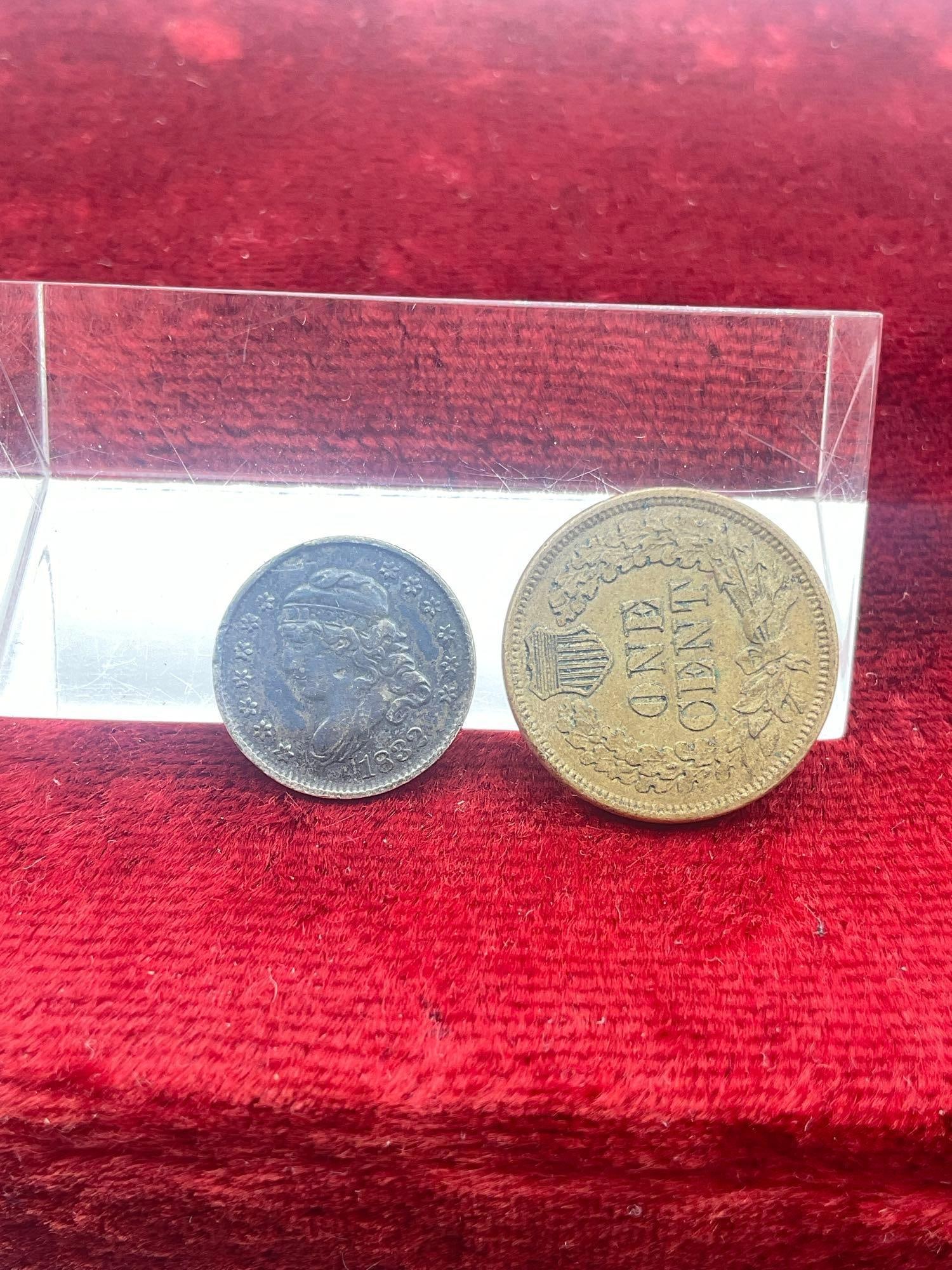 2 x rare Antique Coins Silver 1832 Half Dime Full Liberty & Shield, 1860 Indian head penny POSS MS - 4