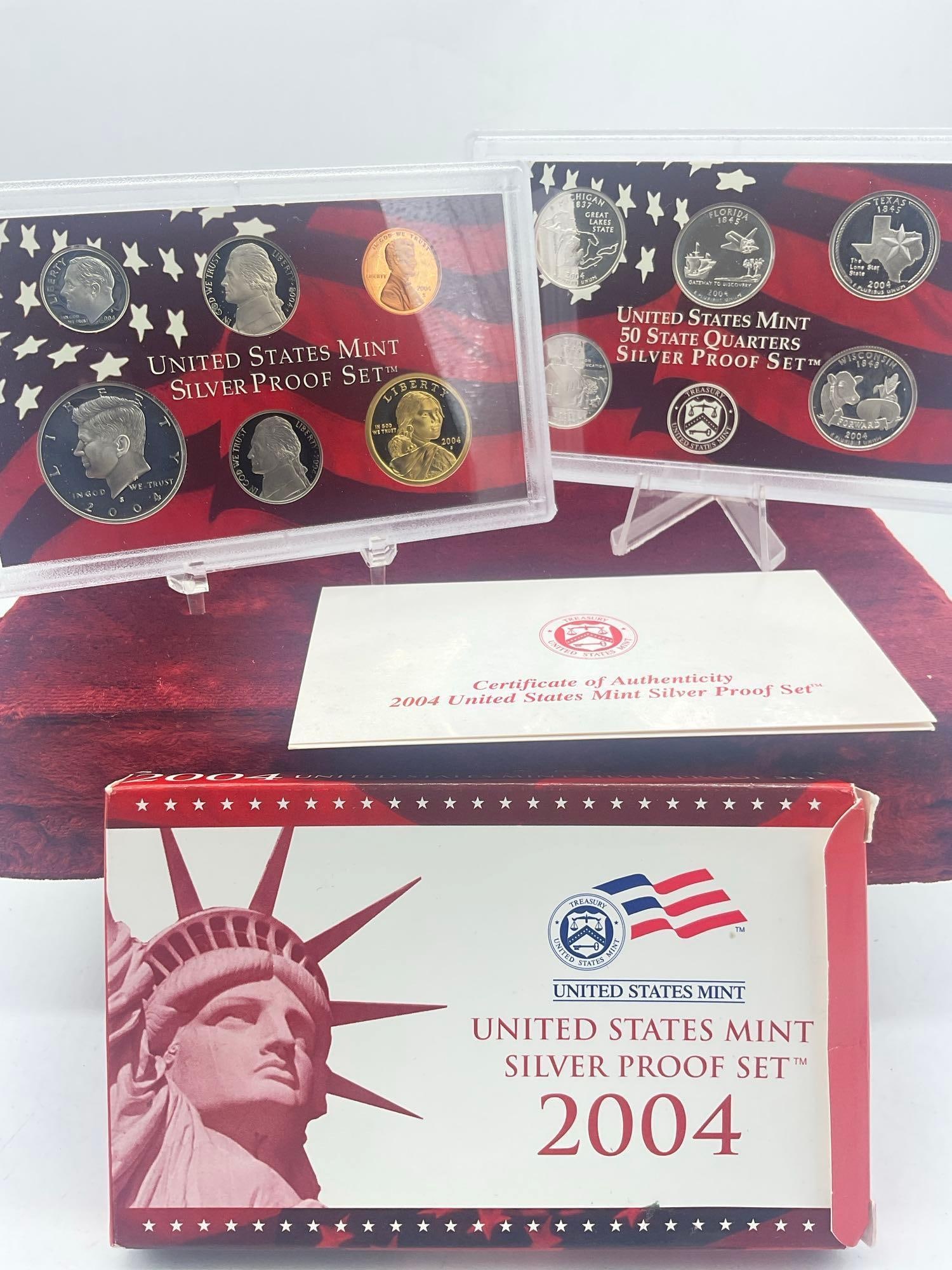 2004 US mint Silver 10 coin Proof set includes 5 state Quaters - 4