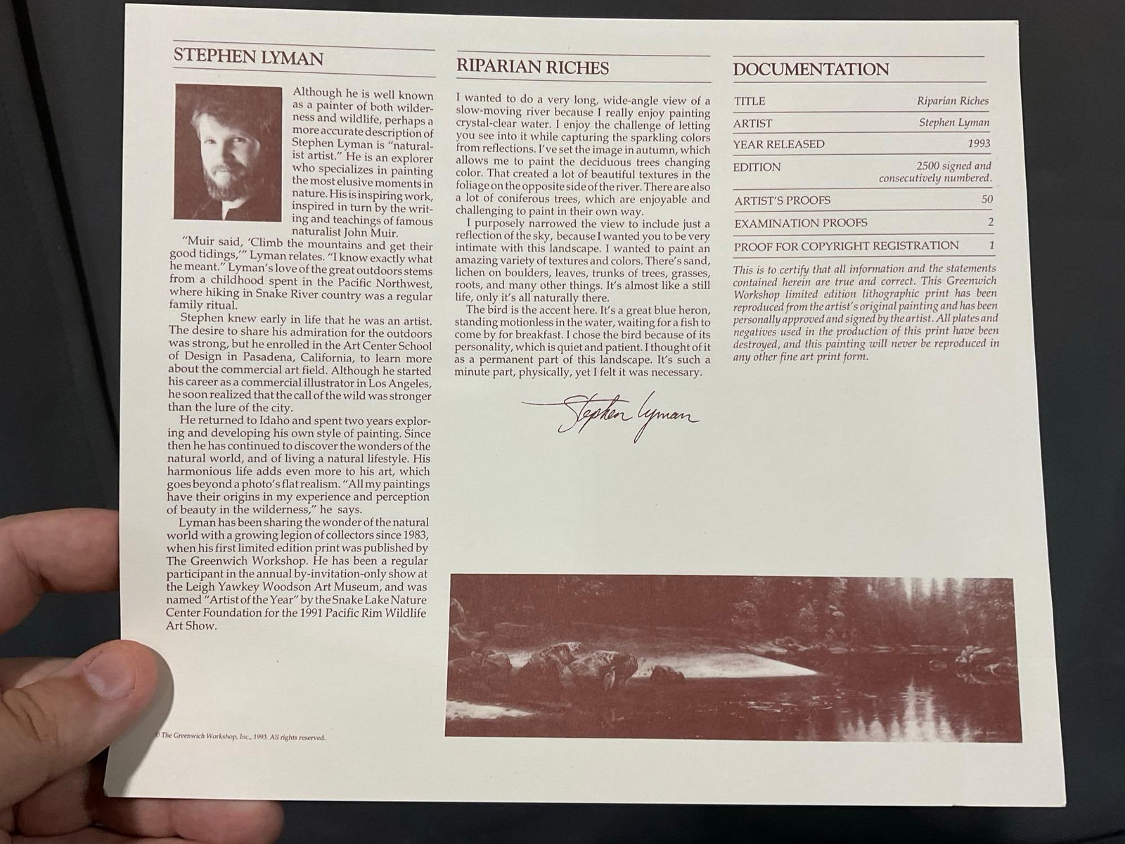 Unframed Signed & #d 1148/2500 Lithograph, Riparian Riches by Stephen Lyman 1993, 19x51 in w/COA - 7