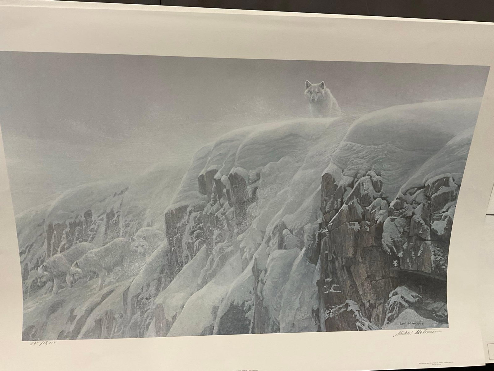 Unframed Signed & #d 869/13000 Litho, Arctic Cliff - White Wolves by Robert Bateman 1991 27x39 w/... - 2